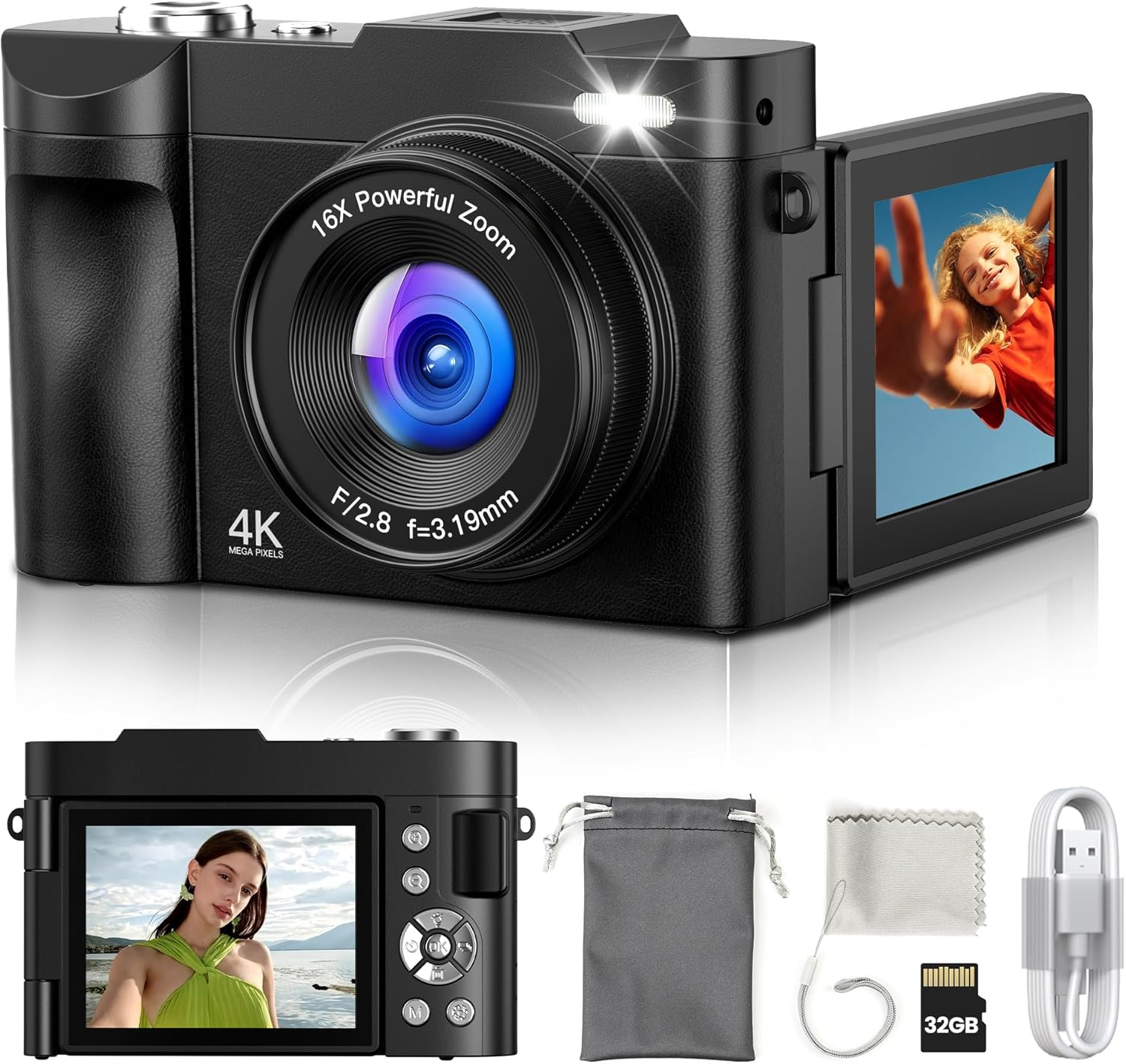 Digital Camera 4K for Photography Vlogging: 48MP Cameras for Video - 16X Zoom Photo Camera Gifts for Teens Ages 8-16 - 180&deg;Flip Screen Compact C&aacute;mara - Point and Shoot Digital Cameras for Youtube image number 2