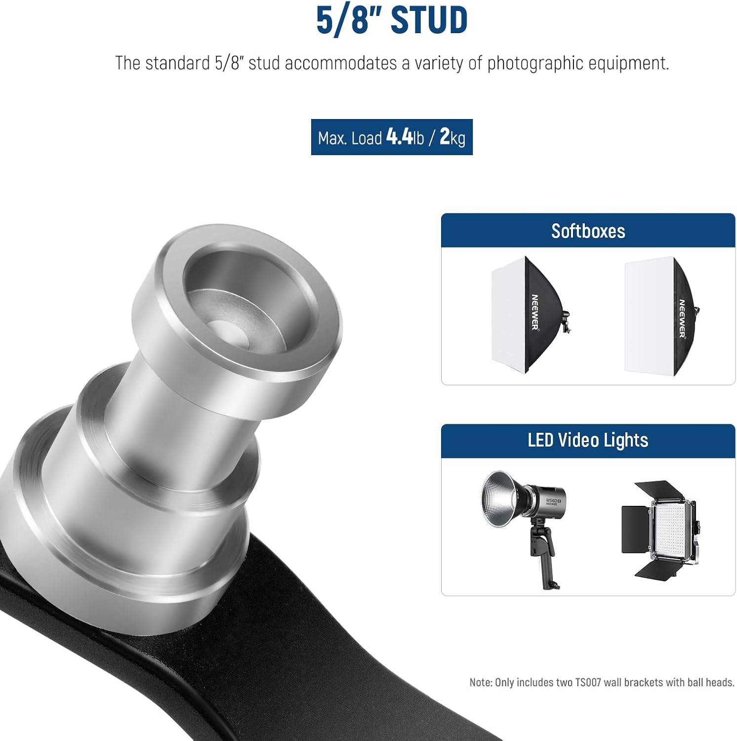 NEEWER 2 Pack E Type Wall Ceiling Mount, Ring Light Wall Mount Bracket with Detachable Ball Head, 5/8" Stud, 1/4" Screw for Flash Strobe Camera Monitor Studio Lighting, Max Load: 4.4Lb/2Kg, TS007 image number 5