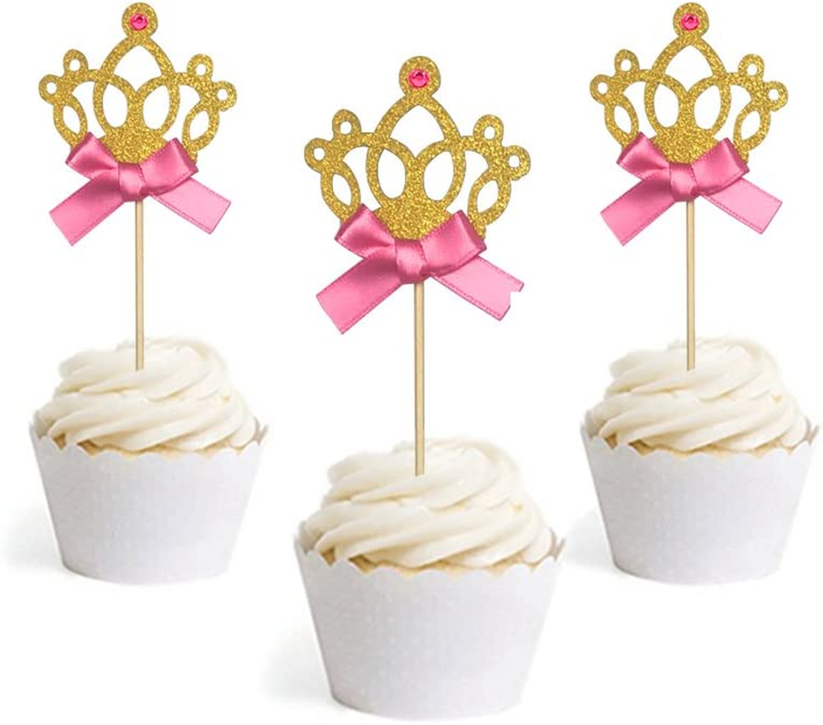 Gold Glitter Princess Crown Tiara Cake Cupcake Toppers Picks for Wedding Birthday Baby Shower Kids' Party Decorations 24 PCS