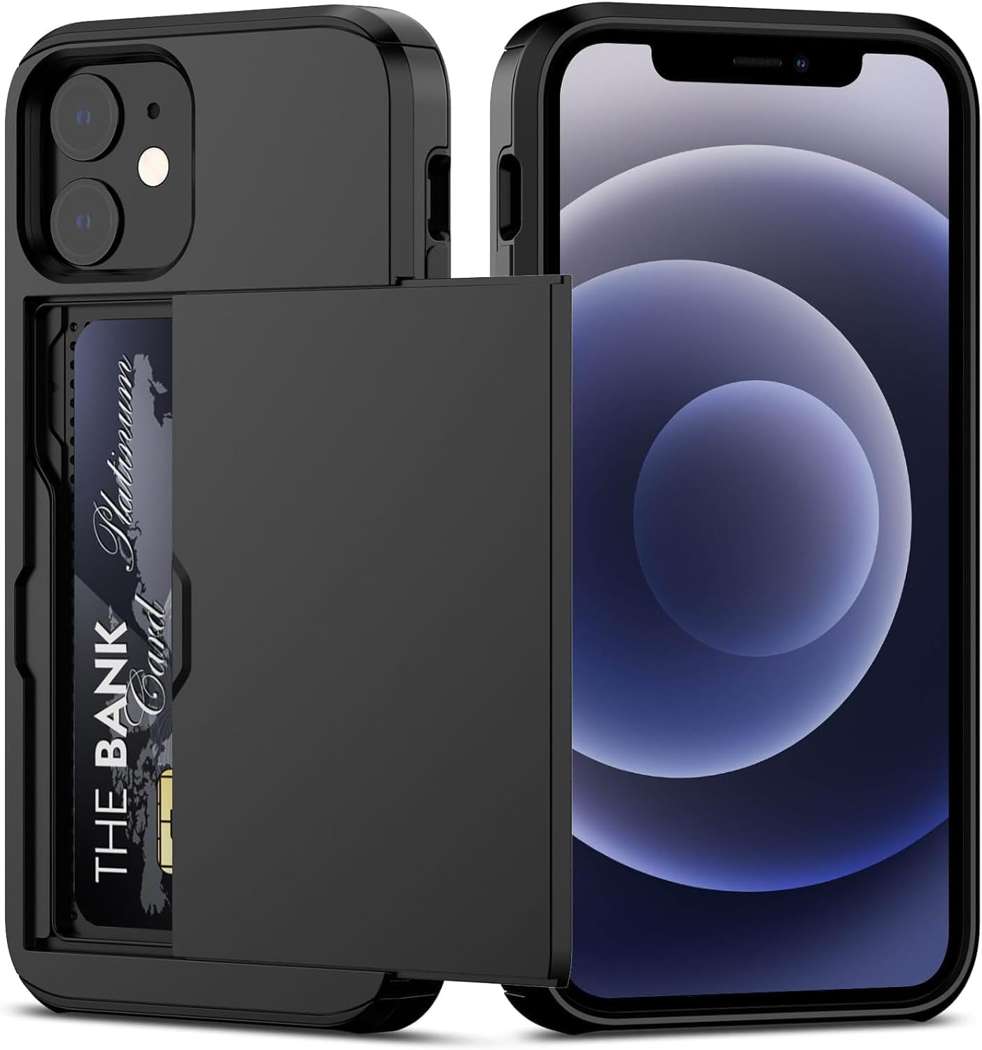 For Iphone 12 Mini Case with Credit Card Holder, Areaphmet Wallet Case Slide Cover Dual Layer Hard PC Rubber Cover Phone Case for Iphone 12 Mini 5.4'' 2020 Black