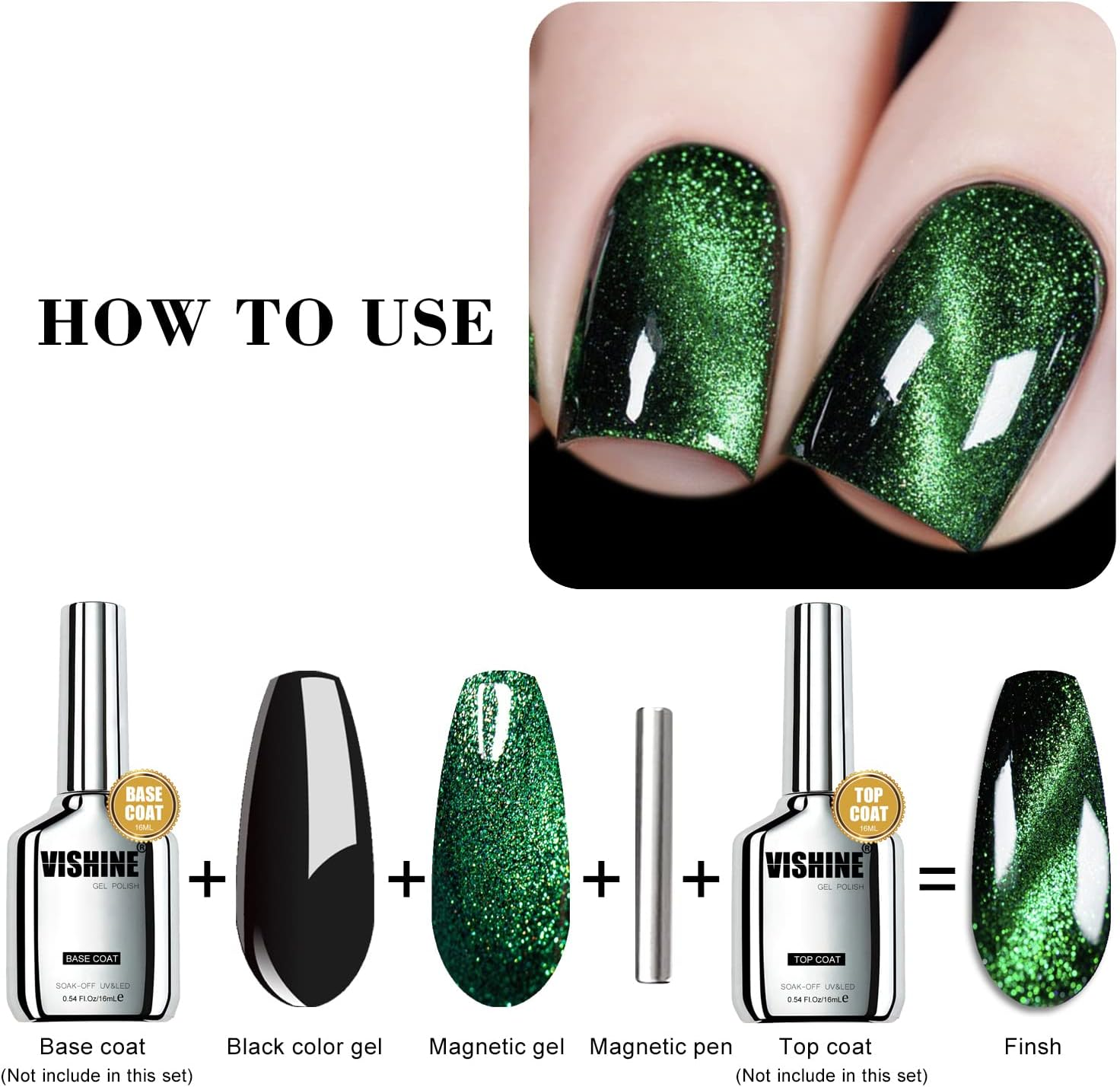 Vishine 9D Cat Eye Green Gel Nail Polish with Magnet Galaxy Cateye Chameleon Nail Gel Polish Manicure Soak off UV Gel DIY Salon Home 16Ml - M197-16Ml image number 2