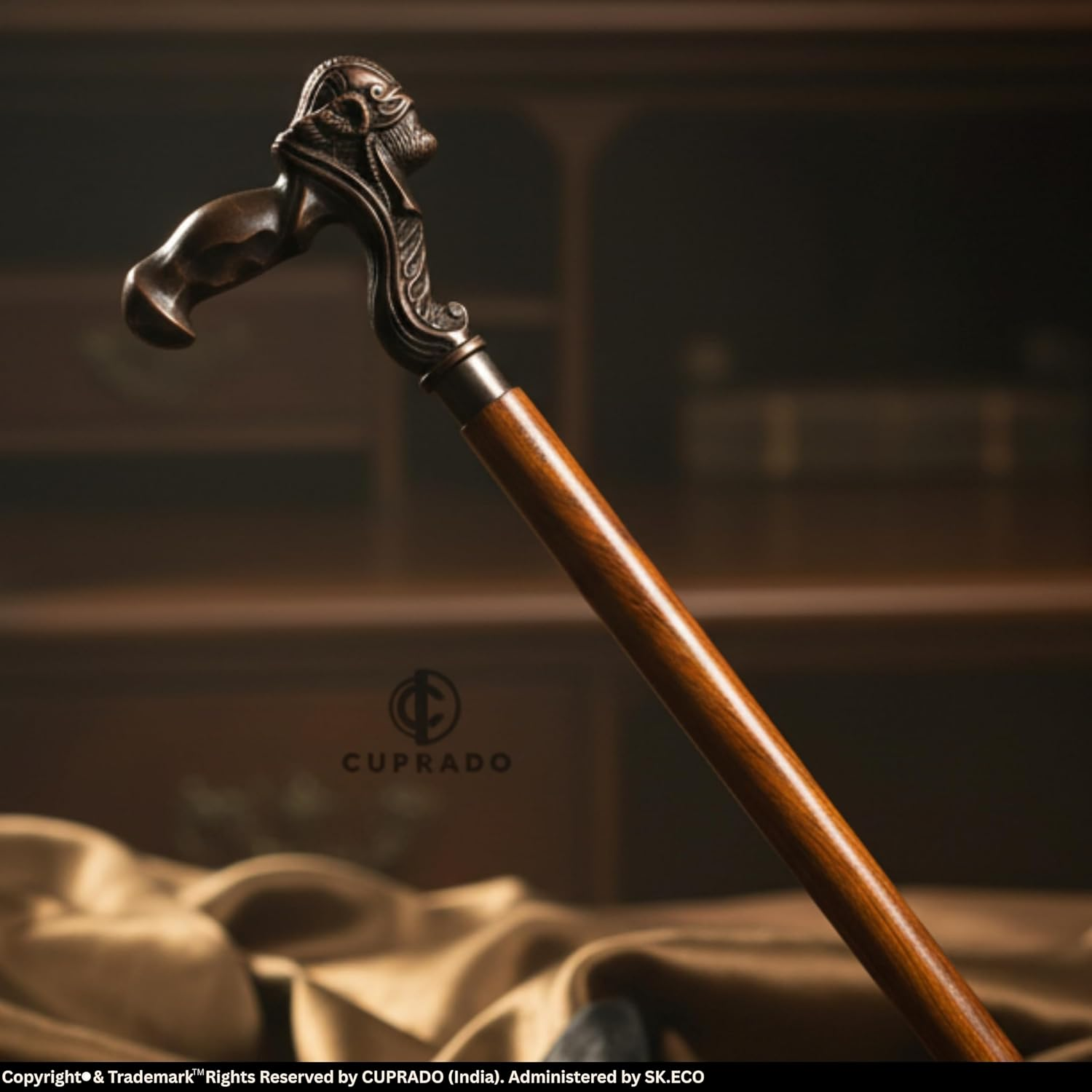 Vintage Wooden Walking Cane with Brass Skull Handle | 39&rdquo; Antique Style Designer Walking Stick for Men & Women | Collectible & Decorative Cane Gift image number 5