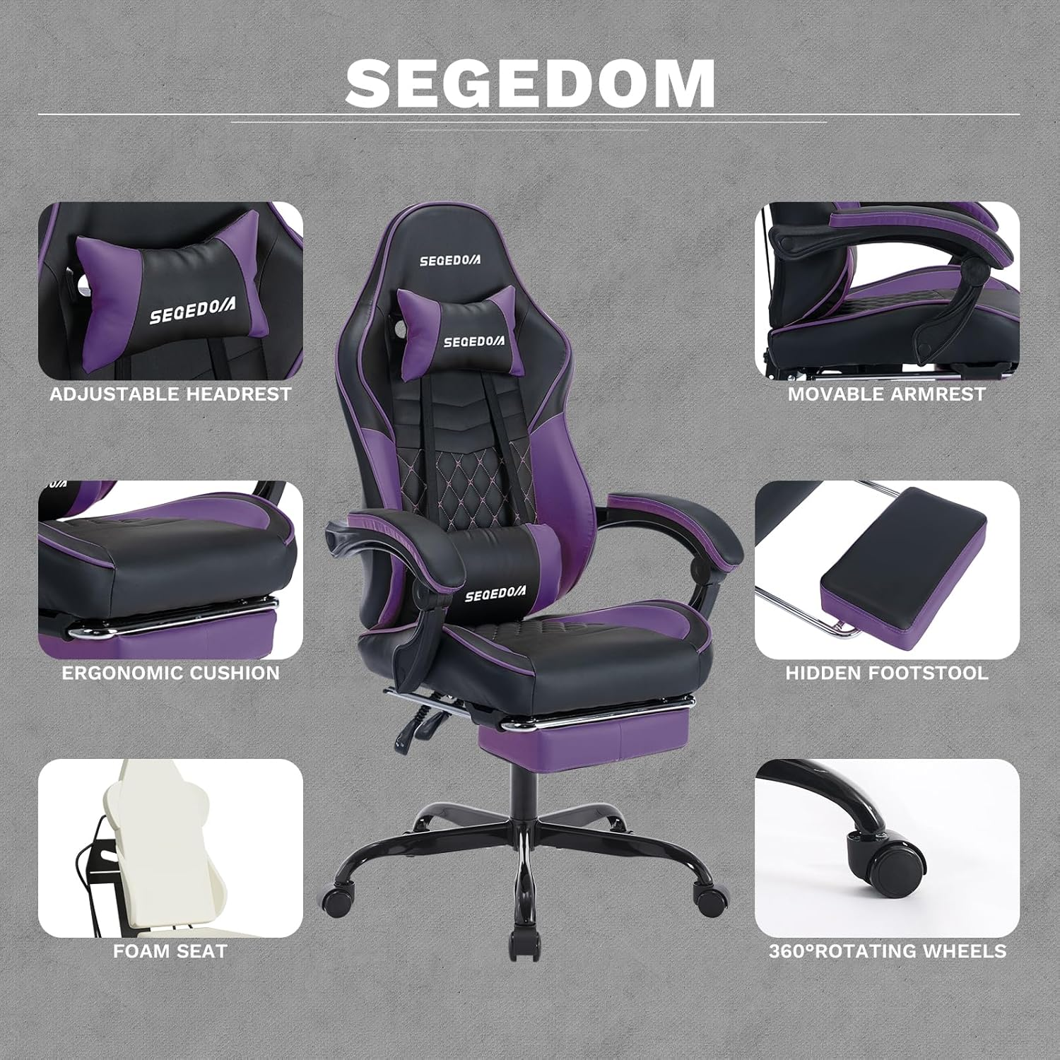 SEGEDOM Ergonomic Video Gamer Chairs Gaming Computer Chairs Gamer Chairs for Adults Massage Lumbar Support Swivel Height Adjustable Headrest Backrest(Blackpurple) image number 1