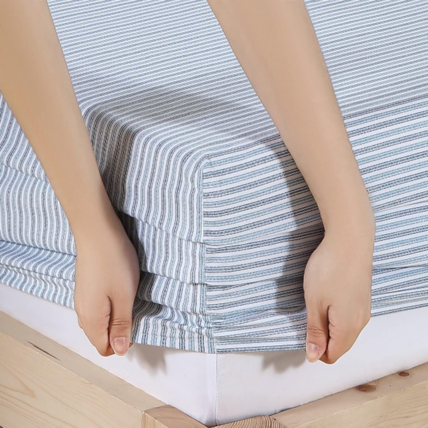 Eddie Bauer Sheets Cotton Percale Bedding Set, Crisp & Cool, Stylish Home Decor, Full, Ticking Stripe Blue/White image number 3