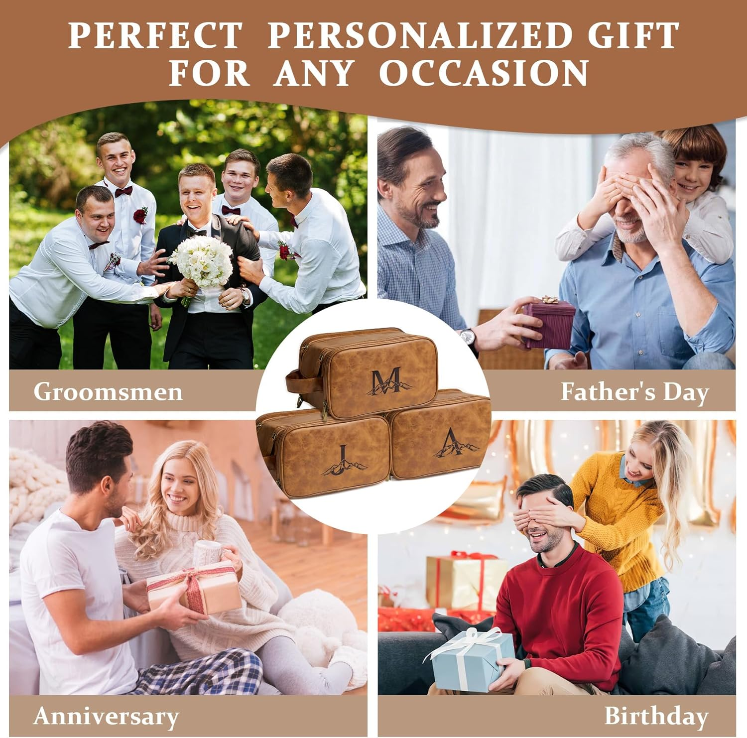 Janhavi Toiletry Bag for Men Waterproof, Groomsmen Gifts Personalized Leather Engraved Initials & Mountain, Mens Toiletry Travel Bag, Anniversary Gifts for Men, Travel Tssentials, Brown, M