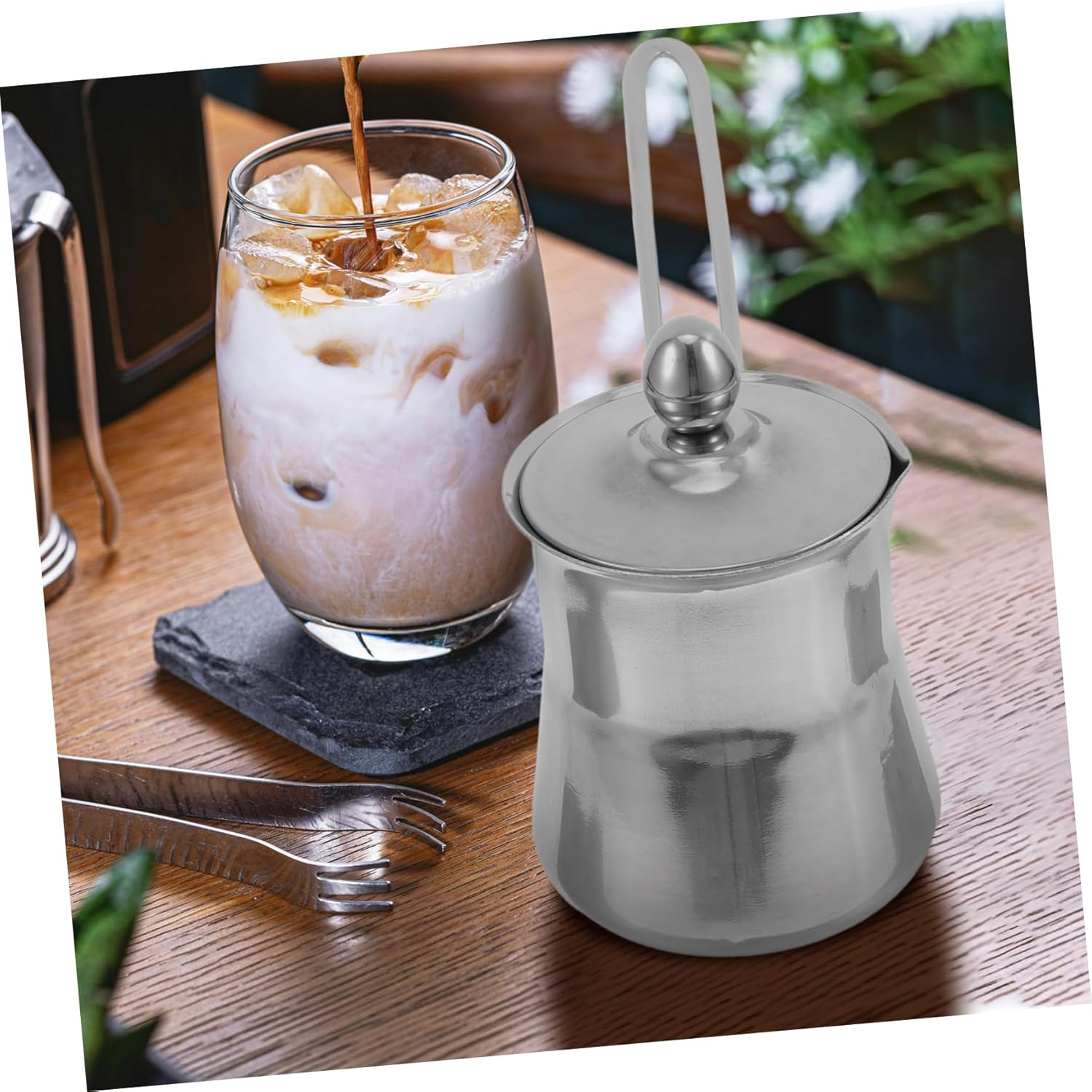 SHOWERORO Thickened Stainless Steel Frothing Pitcher with Lid Portable Milk Pouring Cup for Home Office Travel Compact Espresso Milk Jug with Handle for Coffee Frother image number 2