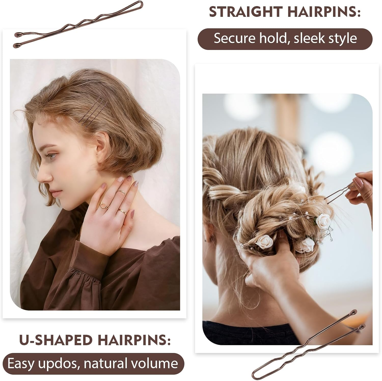 328 Piece Hair Pins Small Bobby Pins Set - 104 U-Shaped Hair Pins, 104 Bobby Pins, 100 Rubber Bands, 15 Hair Net Bun, 5 Scrunchies, Hairstyle Accessories for Girls with Storage Box (Coffee Brown) image number 5