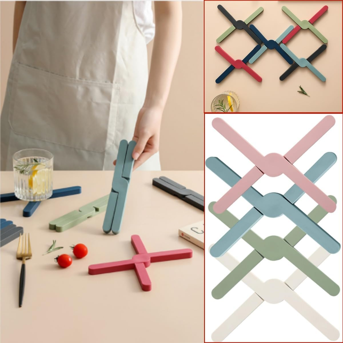 7 Pcs Foldable Silicone Trivets,Heat-Resistant Folding Pad,Drying Pad，Expandable Silicone Trivets(7 Colors)