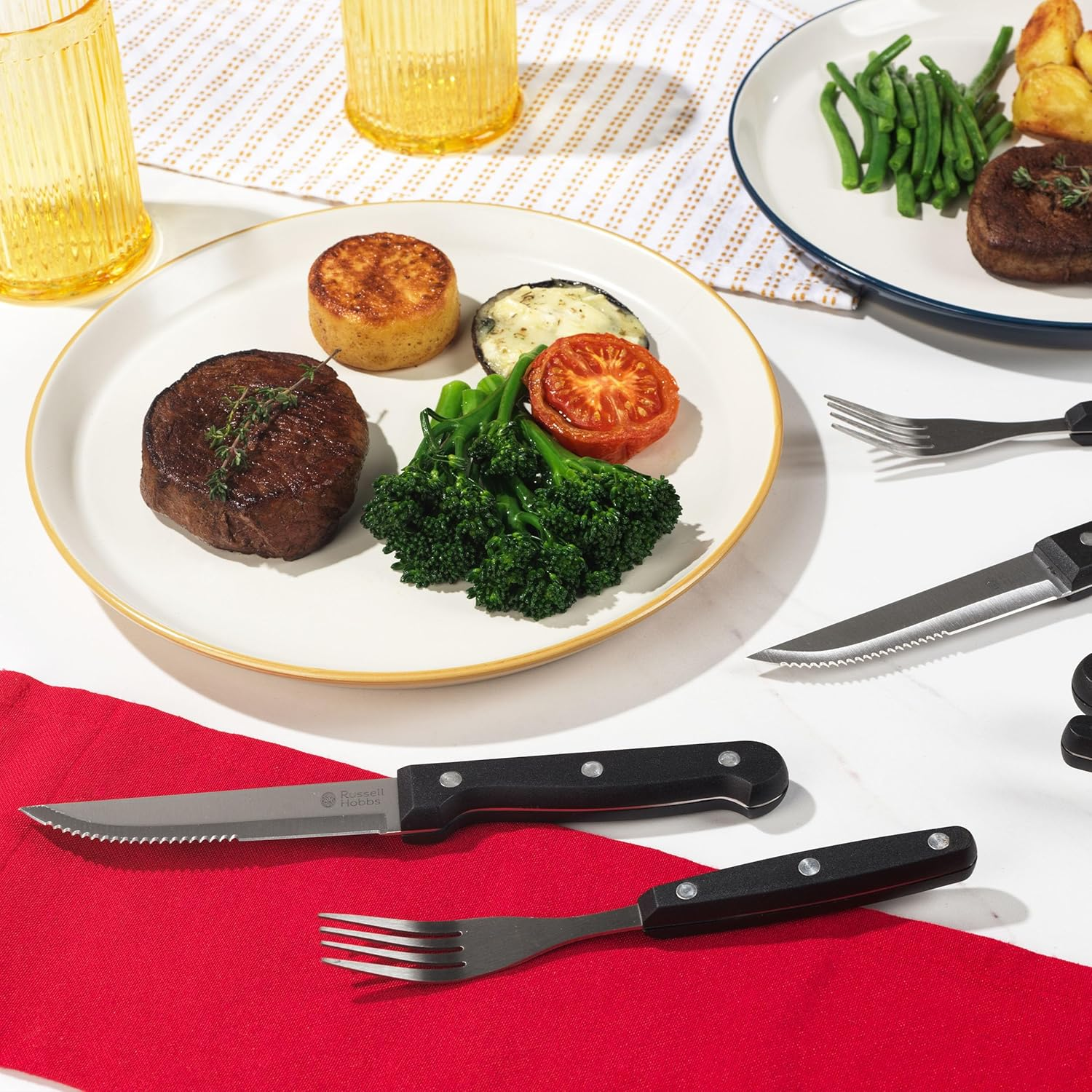 Russell Hobbs RH000431EU 12-Piece Steak Knife Set with Fork, Steak Cutlery Set for 6 People, Stainless Steel, 6 Traditional Steak Knives, 6 Steak Forks, Knife and Fork, Pizza Piece - Black image number 6