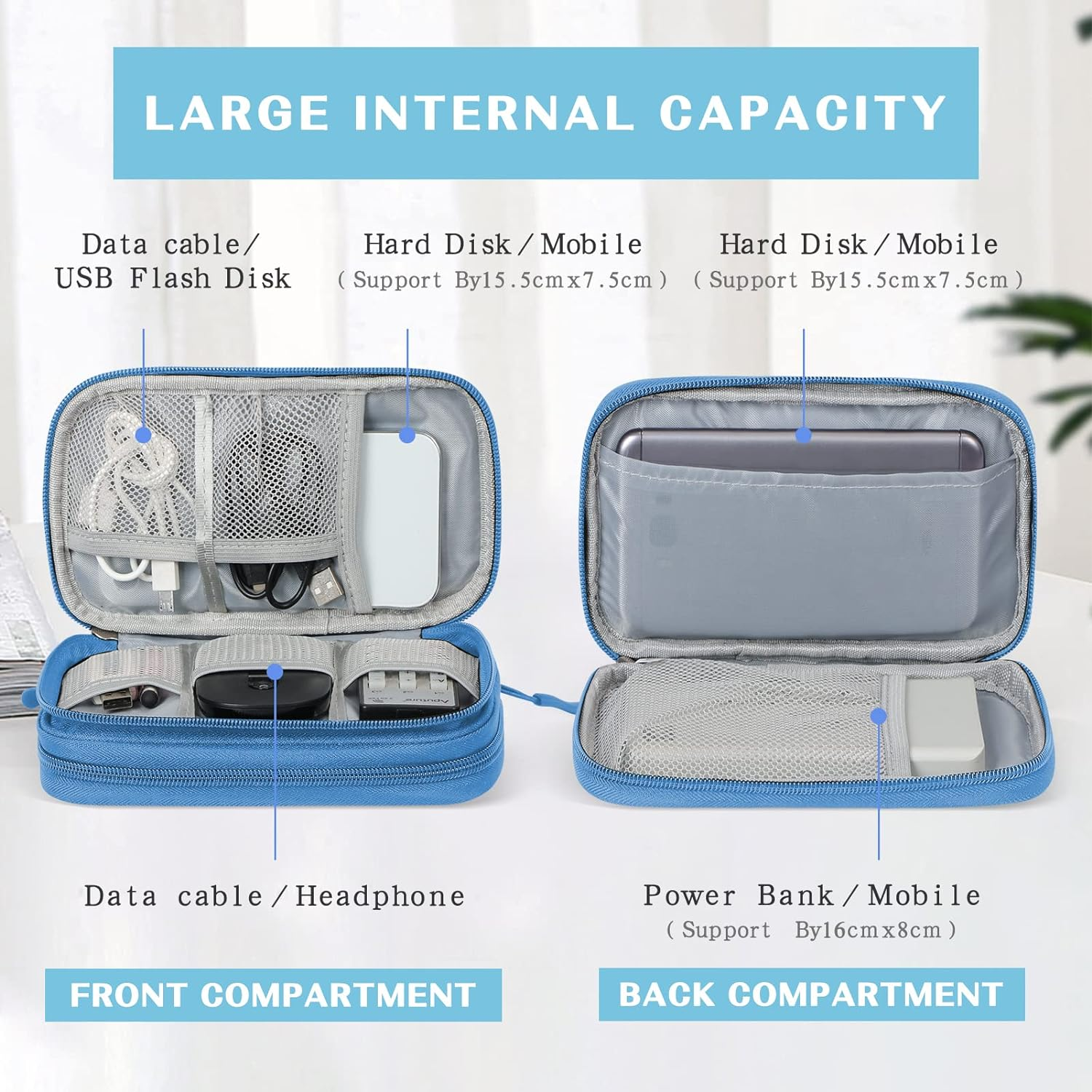 FYY Electronic Organizer, Travel Cable Organizer Bag Pouch Electronic Accessories Carry Case Portable Waterproof Double Layers Storage Bag for Cable, Cord, Charger, Phone, Earphone, Medium Size, Blue image number 2
