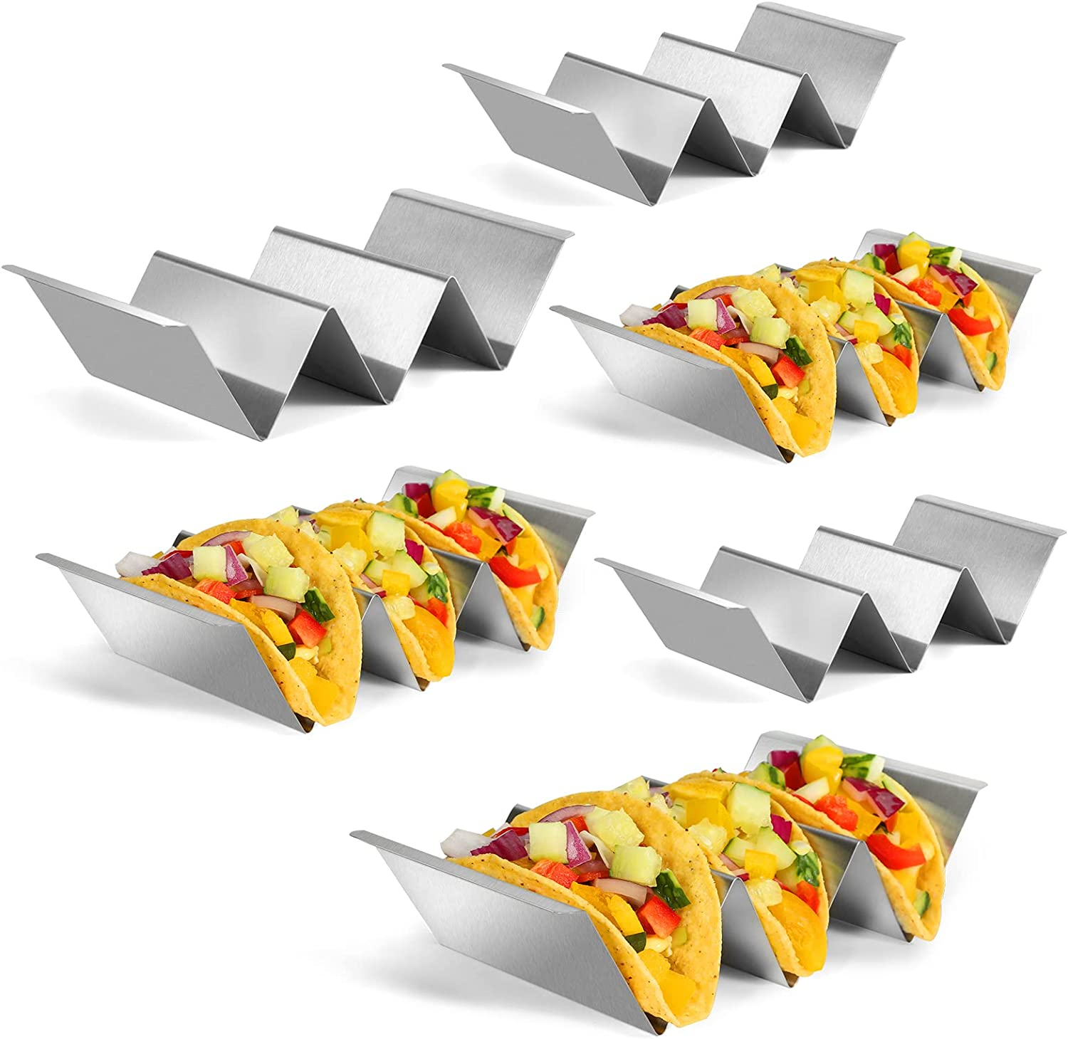 Taco Holders Set of 6, Taco Stand, Stainless Steel Taco Holder, with Easy-Access Handle, Each Can Hold 2 to 3 Tortillas, Oven Safe for Baking, Dishwasher and Microwave Safety