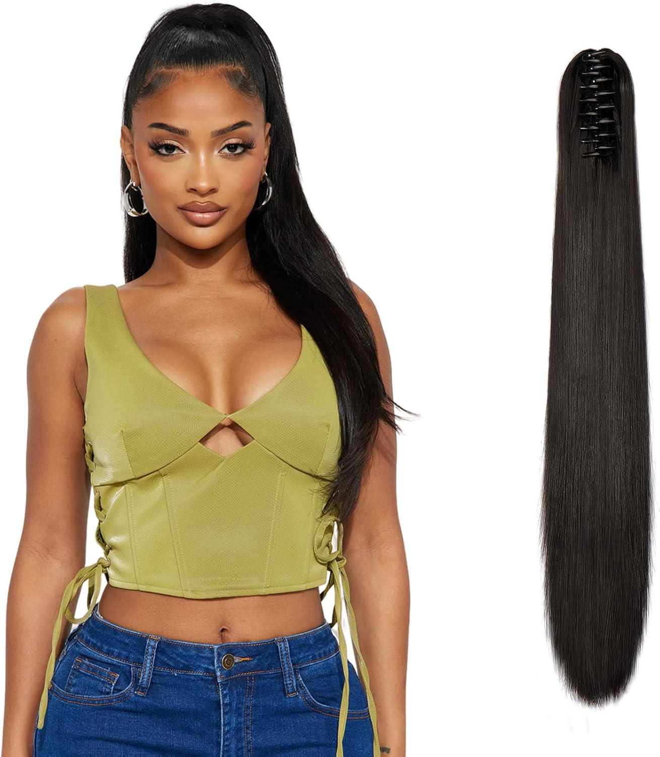 Dcbaboo Ponytail Extension Natural Smooth Hair Extension Natural Hair Clip 50 Cm Hairpiece Natural Hair Ponytail Clip Long Synthetic Straight Ponytail Dark Auburn image number 1