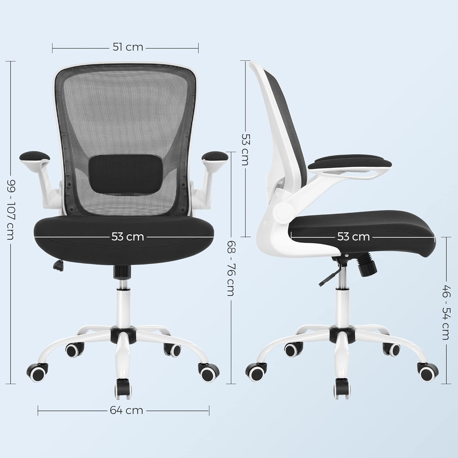 SONGMICS OBN37WT Office Chair, Swivel Chair with Mesh Covering, Ergonomic, Padded Lumbar Support, Rocker Function, 53 Cm Seat, Folding Armrests, Black and White image number 2