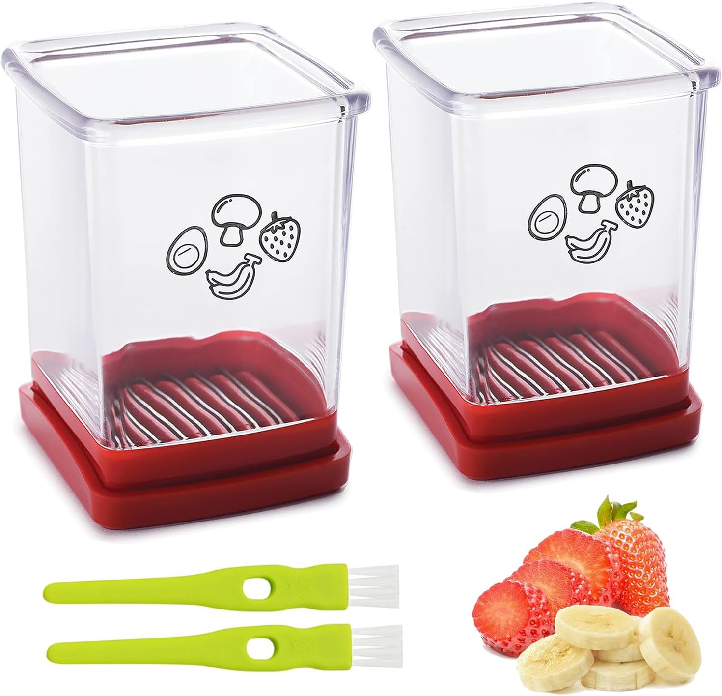 2 Pcs Cup Slicer, Stainless Steel Strawberry Slicer Egg Slicer Banana Slicer Fruit Slicer, Speed Fruit Cutter with Push Plate, Quickly Making Fruit Vegetable Salad, Must Have Kitchen Gadget (Cyan+Red)