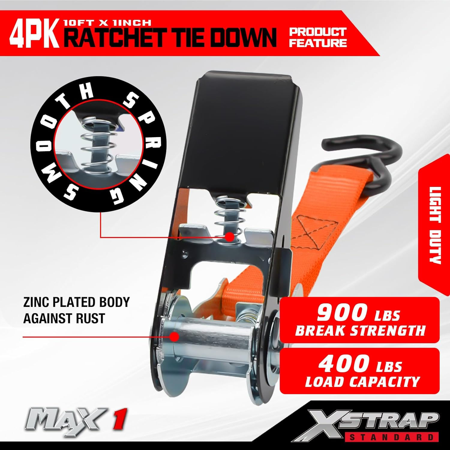 XSTRAP Standard Ratchet Tie down Straps 4PK 10 Ft- 300 Lbs Load Cap- 900 Lbs Break Strength-Cargo Straps for Moving Appliances, Lawn Equipment, Motorcycle Orange image number 3