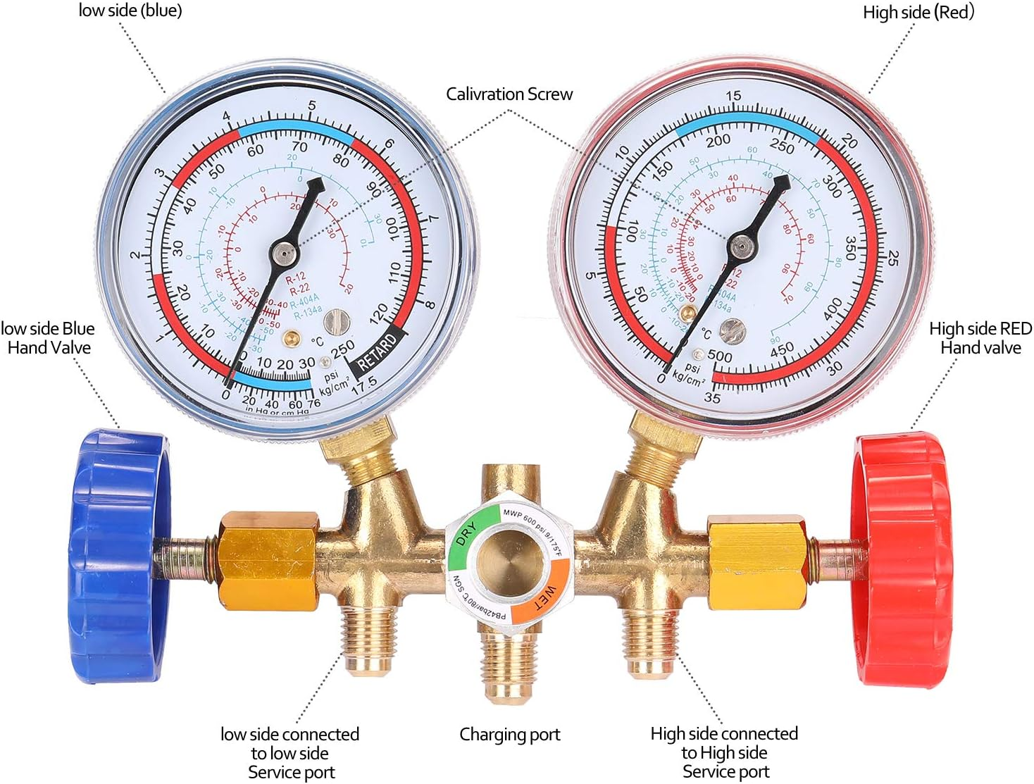 3 Way Refrigerant Gauge AC Diagnostic Manifold Freon Gauge Set Refrigerants with Couplers and Acme Adapter image number 1