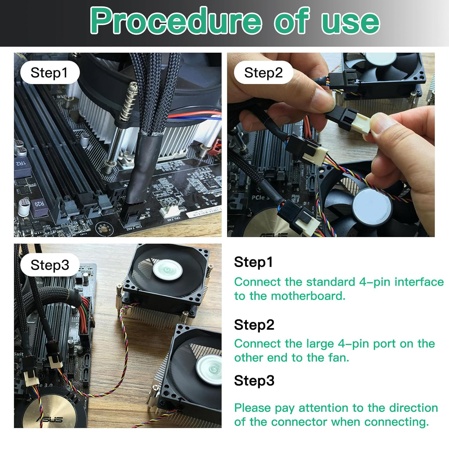 2 Pack 3-Way 4-Pin PWM Fan Splitter Cable - Connect Multiple Case Fans to Single Motherboard Header, Synchronize Speeds, Increase Airflow, 4-Pin/3-Pin Cooling Cable 27CM image number 4