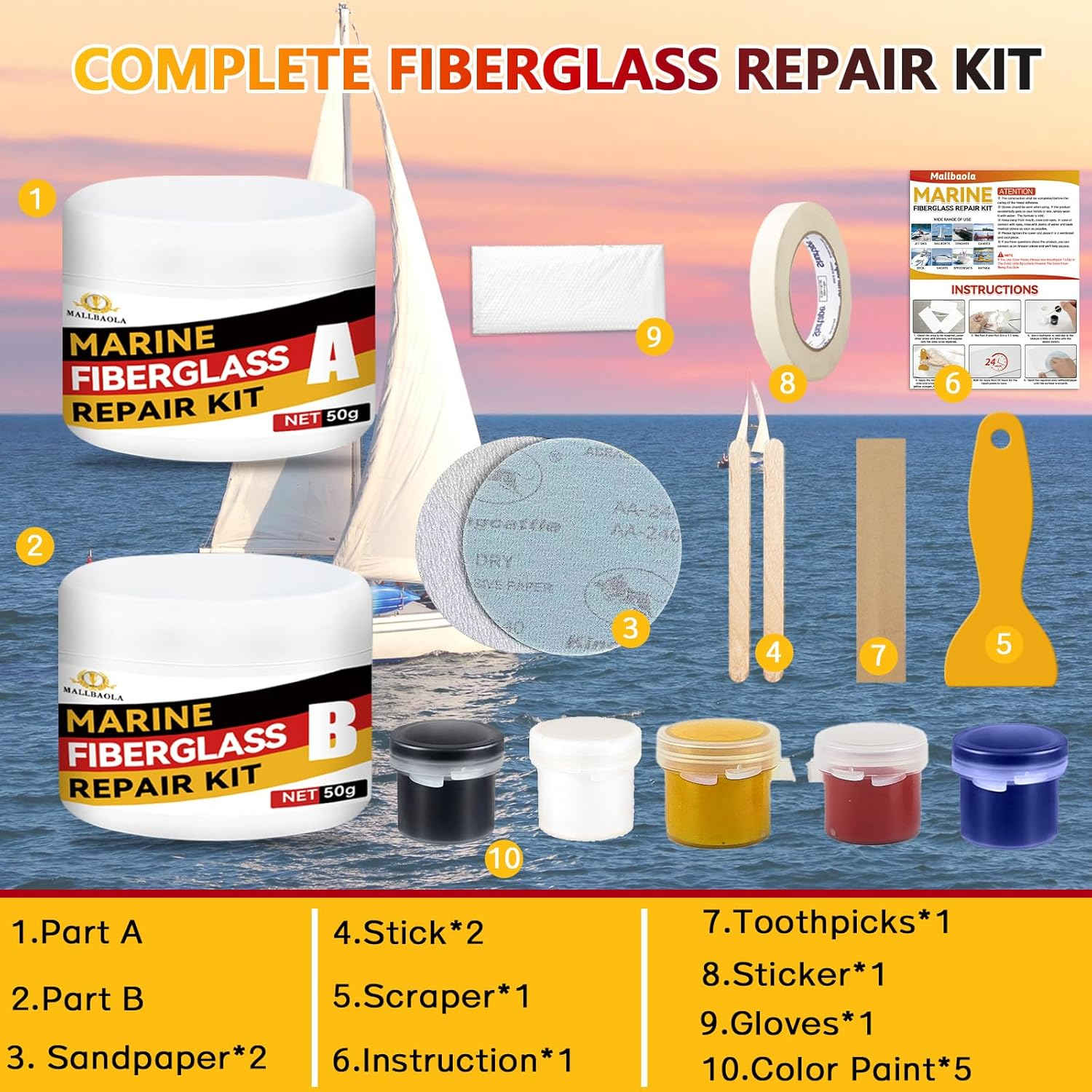Marine Fiberglass Repair Kit for Boats, Gel Coat Repair Kit for Boats, Fiberglass Boat Repair Kit, Epoxy Filler for Fiberglass Boats, Fiberglass Kit Fix Holes Chips Pits and Deep Cracks (Color Match) image number 3