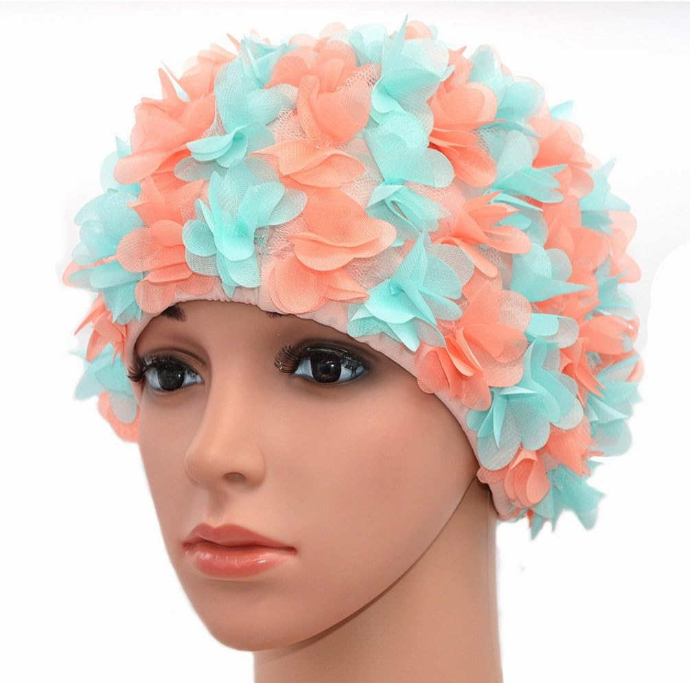 Lace Vintage Swim Cap Floral Petal Retro Style Bathing Caps for Women Rose