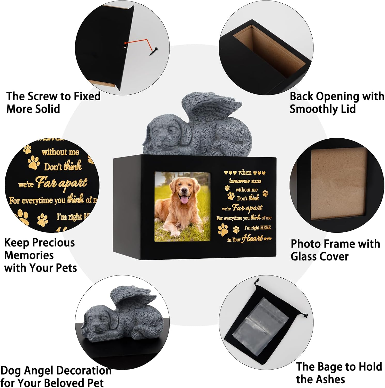 LPREUTWN Pet Urns for Ashes, Large Wooden Pet Urns for Dog or Cat Ashes with Dog Angel, Memorial Keepsake Memory Box with Photo Frame, Loss Pet Sympathy Remembrance Gift (Black)