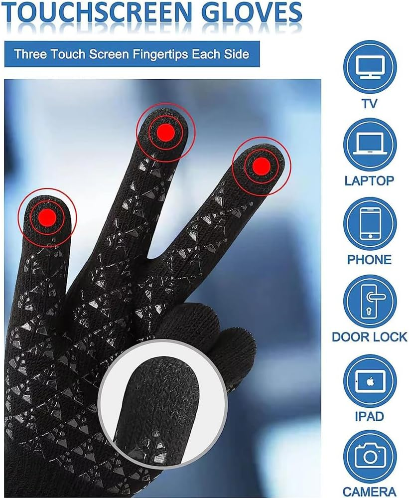 3 Pack Winter Gloves for Men Women, Aufondof Upgraded Thicken Touch Screen Anti-Slip Warm Gloves - Thermal Soft Fleece Knit Lining, Elastic Cuff image number 6