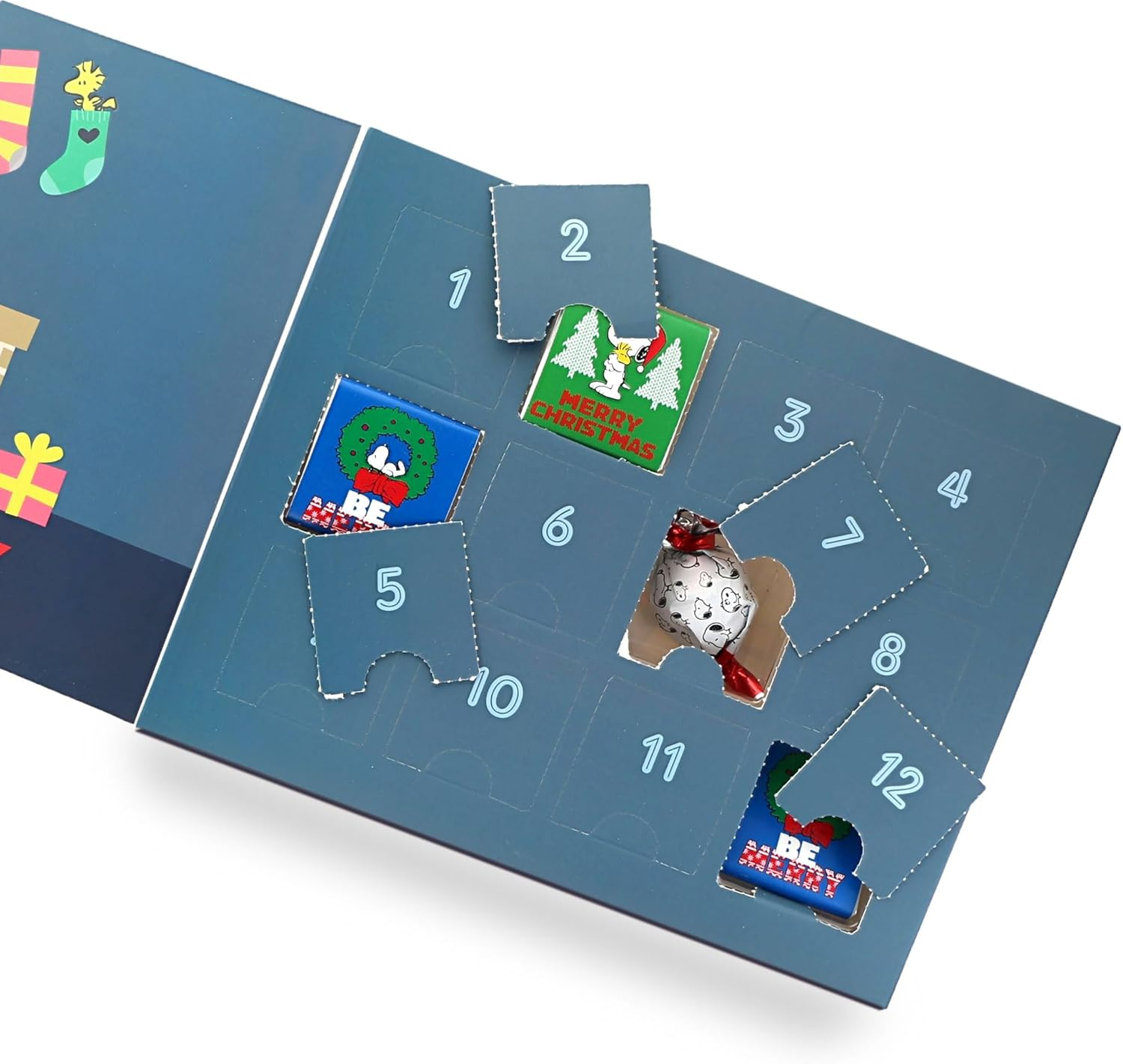 Peanuts Chocolate 12 Days of Snoopy Christmas Advent Calendar 2024 | Charlie Brown Woodstock Countdown | Holiday Gifts for Kids Adults Men Women | 12 Day Assorted Dark, Milk Truffle, Milk Toffee, Mint image number 1