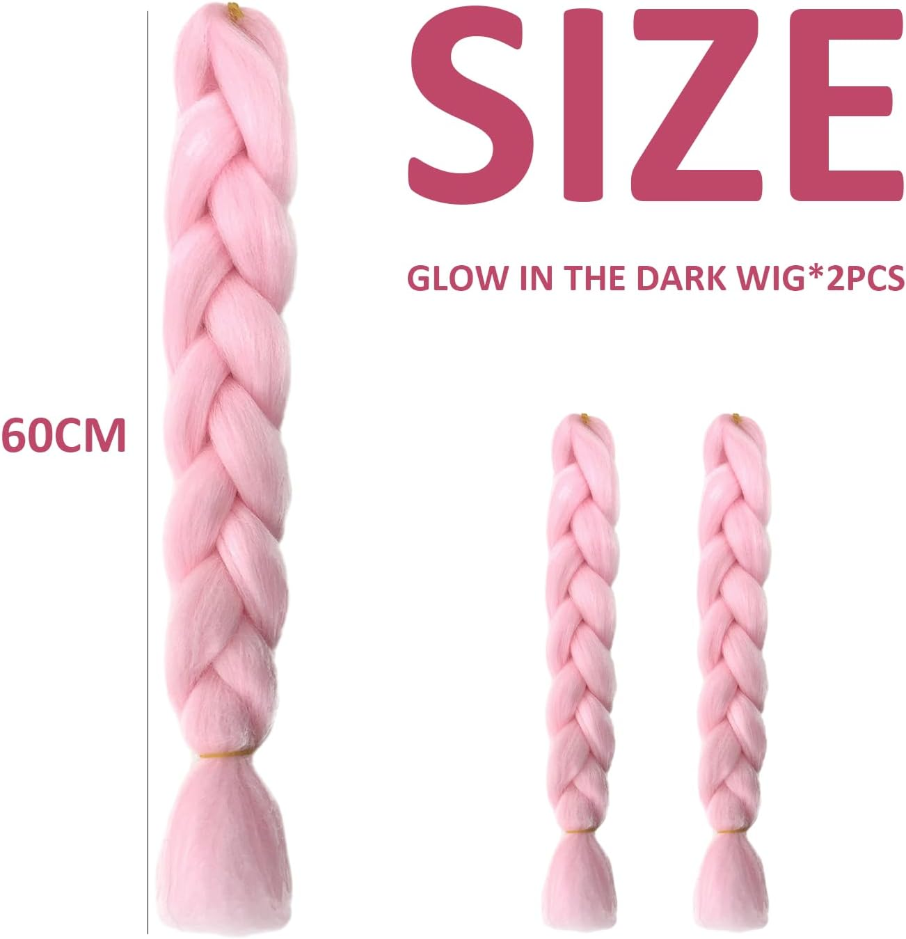 2 Pieces Bright Pink Wigs 60Cm Glow in the Dark Wig Extension Braid Braid Wig Hair Braid Twist Braid Wig image number 3