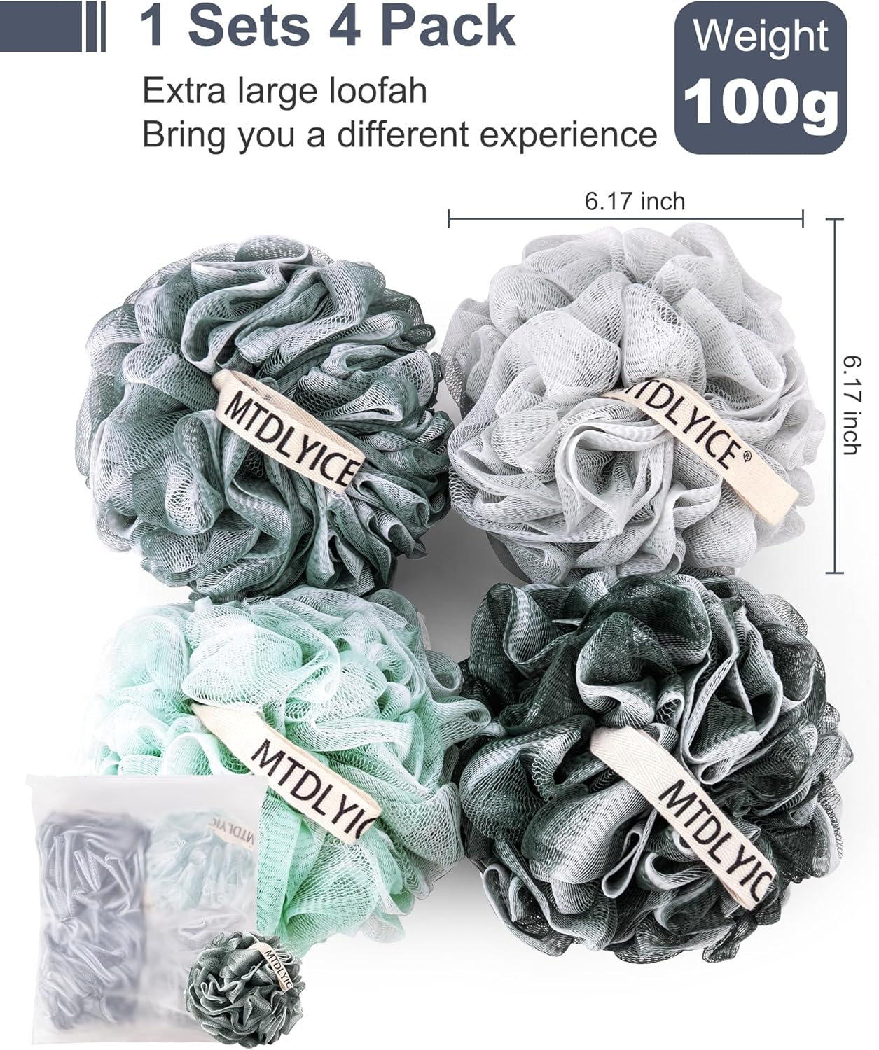 MTDLYICE XXL Large Loofah 100G 4 Pack, Soft Mesh Shower Loofah for Men, Body Scrub, Blue Gray