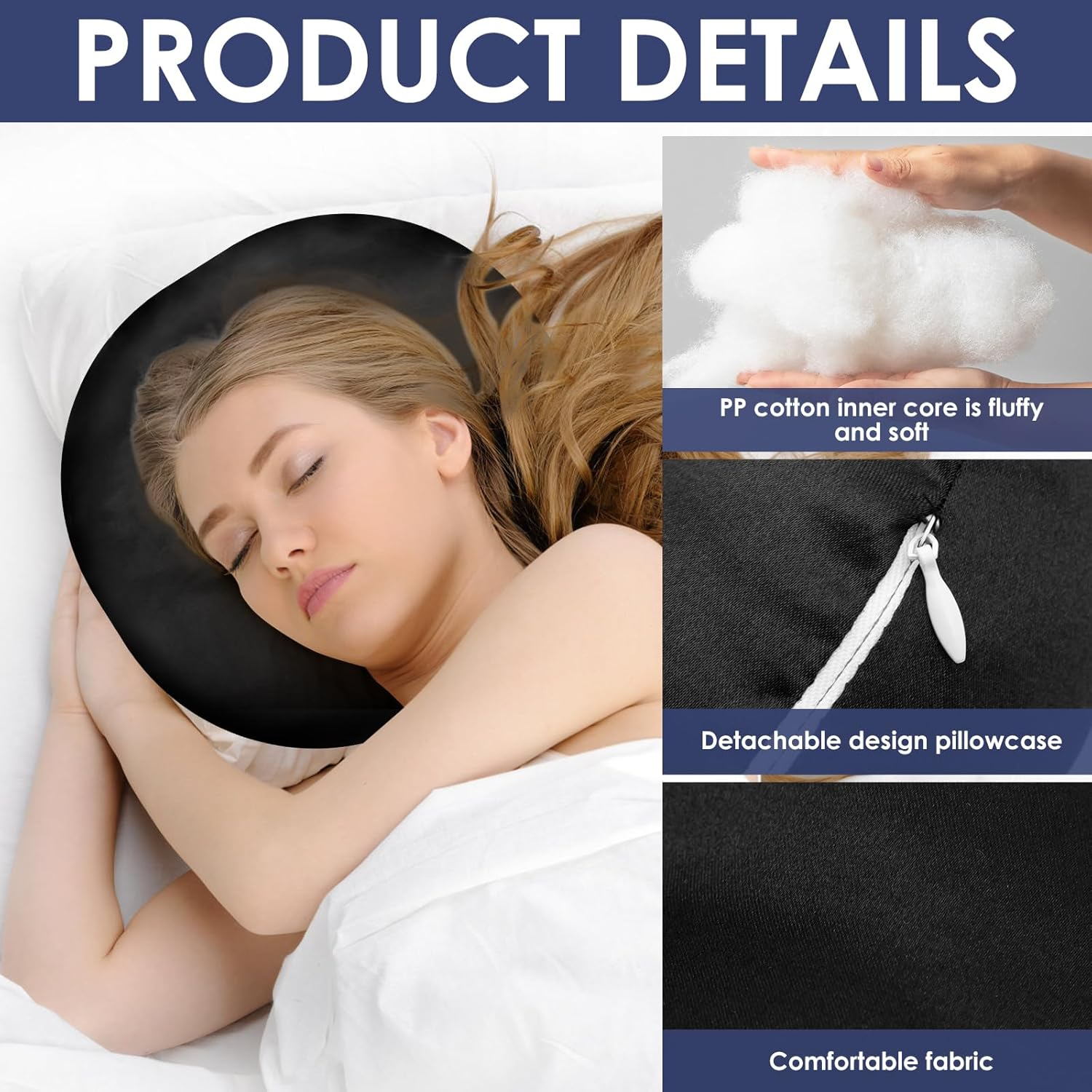 Ear Piercing Pillow Comfortable round Donut Shape Pillow with Ear Hole and Detachable Pillowcase Soft Filling for Side Sleepers.(Black) image number 2