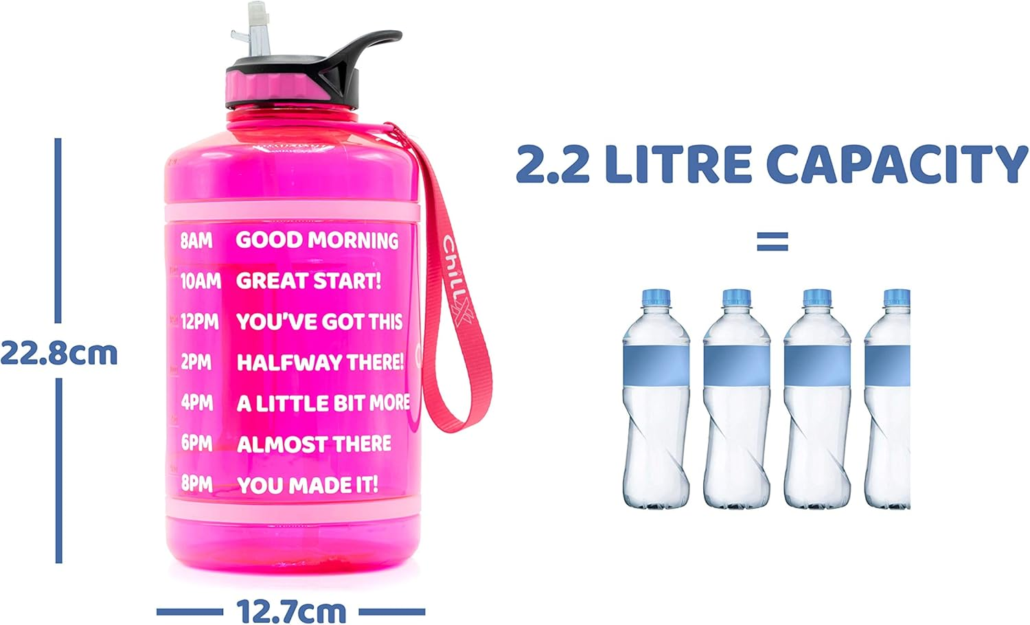 Water Bottle - Chillxx 2L Water Bottle (Pink 2200Ml) - Drink Bottle - Motivational Water Bottle with Time Markings - 2 Litre Water Bottle with Straw - Sports Water Bottles & Accessories