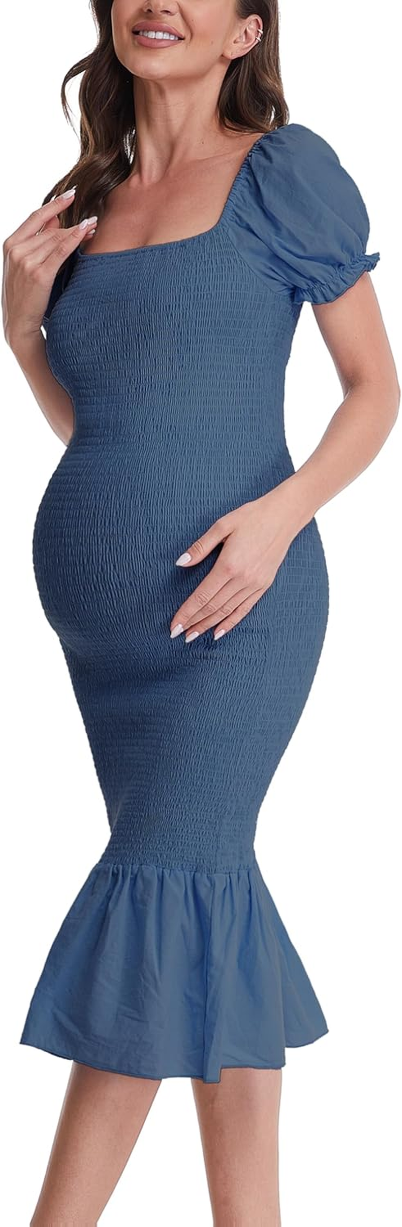 Maternity Summer Midi Bodycon Dresses, Short Puff Sleeve Square Neck Ruffle Hem Mermaid Baby Shower Dress, Lake Blue, Small image number 6