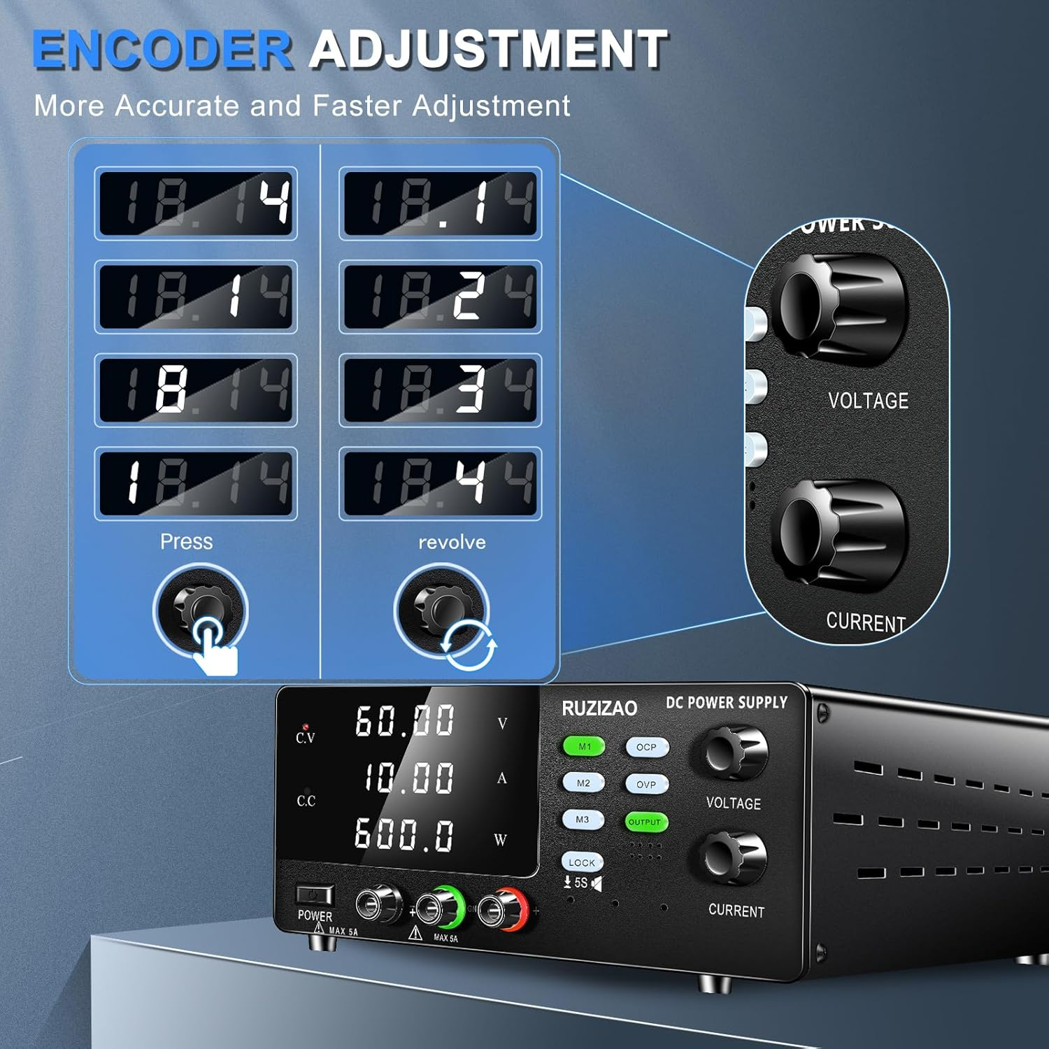 RUZIZAO DC Power Supply, 60V 10A 600W, High Power Adjustable Switching Regulated Benchtop DC Bench Power Supply, 3 Storage Modes, OCP/OVP Protection, Output/Lock Button, Encoder Knob image number 4