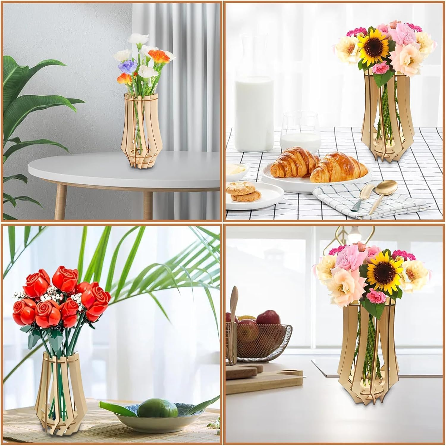 1Pc Wooden Puzzle Flower Vase, Building Block Design Flowers Wooden Puzzle Vase, Decorative Bouquet Stand, Puzzle Flower Stand Showcase Bouquets image number 4