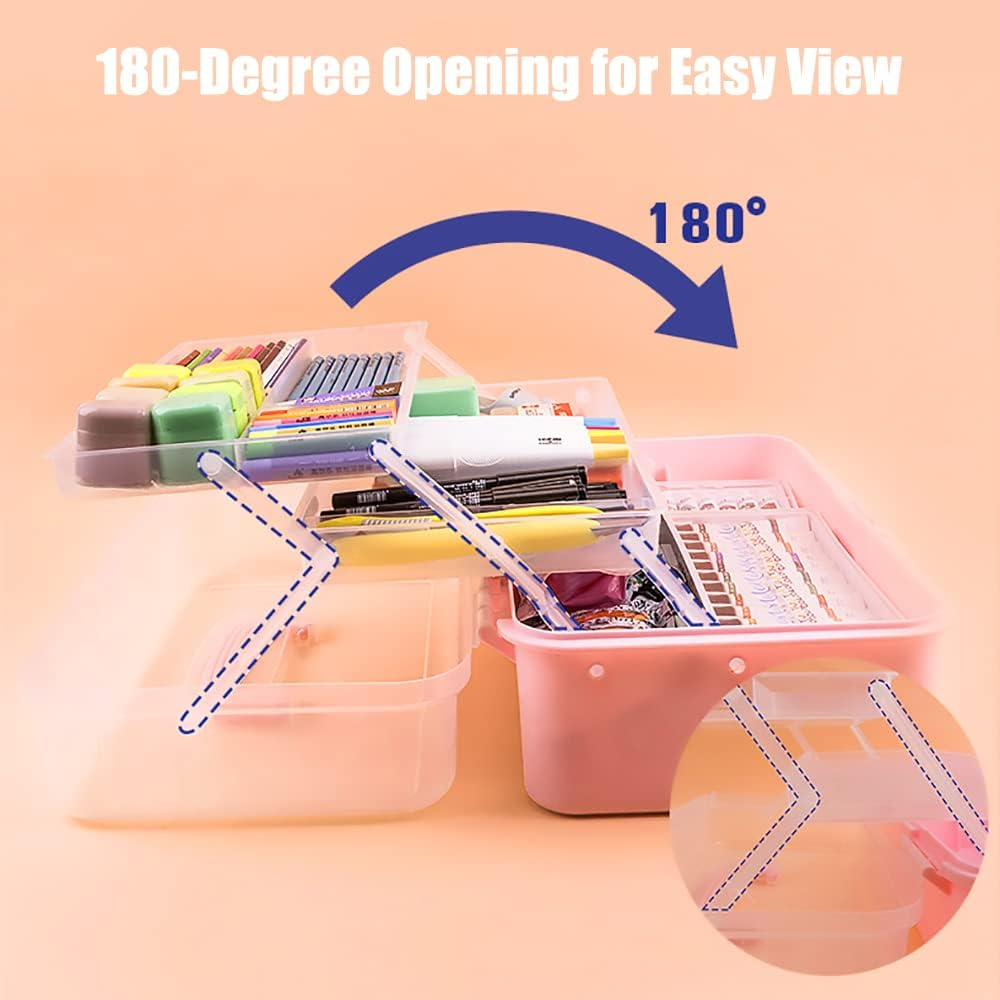 FOREVERIE 3-Tier Empty Luggage Cosmetic Case Large, Transparent Portable Makeup Storage Box, Multifunctional 3-Layer Plastic Tool Box for Barber, Cook, Baker, Nail Artist, Beauty Practitioners (Pink)