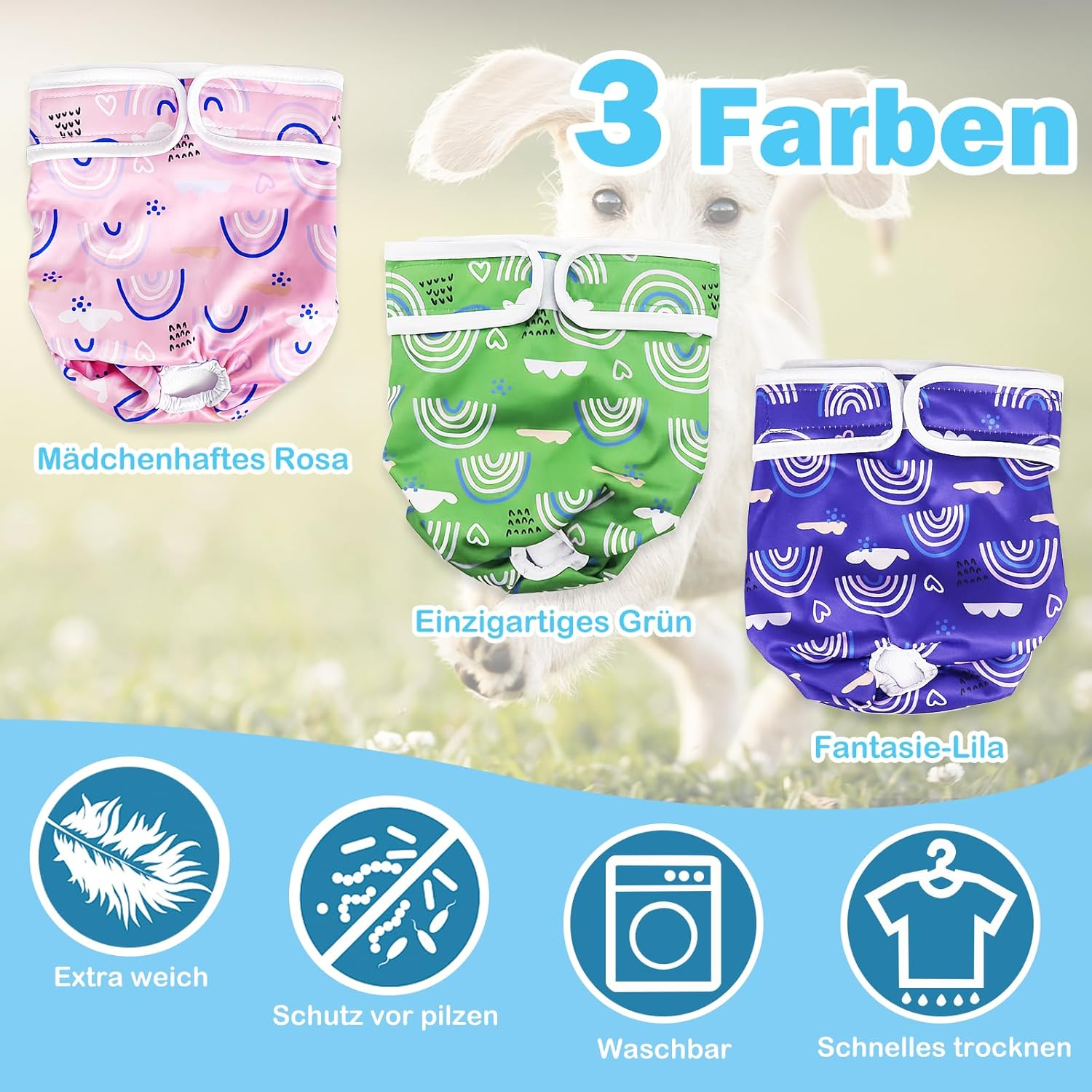 Pack of 3 Reusable Dog Nappies, Highly Absorbent Panties for Female Pets, Hygienic Washable Nappies for Female Dogs, Nappies for Female Dogs in Heat and Incontinence (S, Pattern 1) image number 4