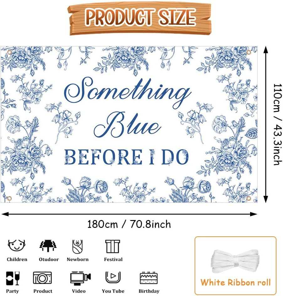 AIBIIN Blue Floral Bridal Shower Backdrop Something Something Blue before I Do Decorations Love Is Sweet Wedding Bachelorette Engagement Banner Party Supplies 5.9X3.6Ft image number 2