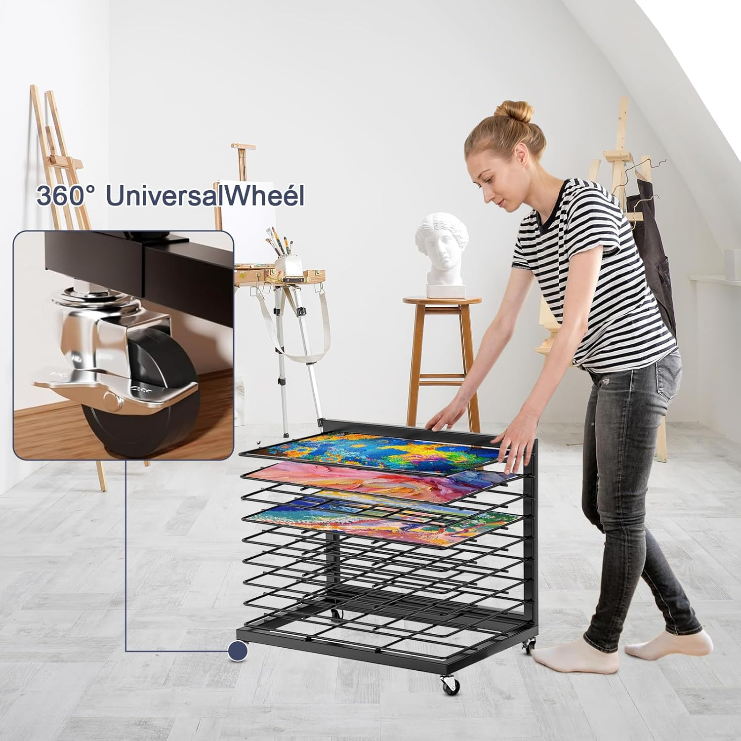 HOOMFIT Portable Art Storage Rack,Painting Drying Rack, 9 Removable Shelves Art Drying Rack with Lockable Wheels image number 1