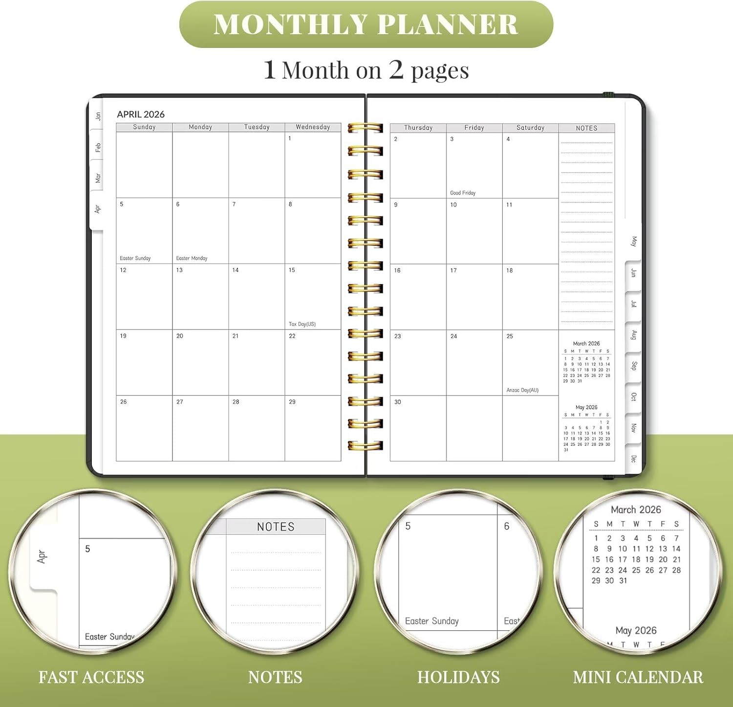 2026 Diary, A5 Weekly and Monthly Planners with Tabs, Spiral Bound Daily Calendar 2026 Planner, Agenda Organizers from Jan. to Dec., Hardcover Habit Tracker Journal 6.18" X 8.5" (Green Butterfly)
