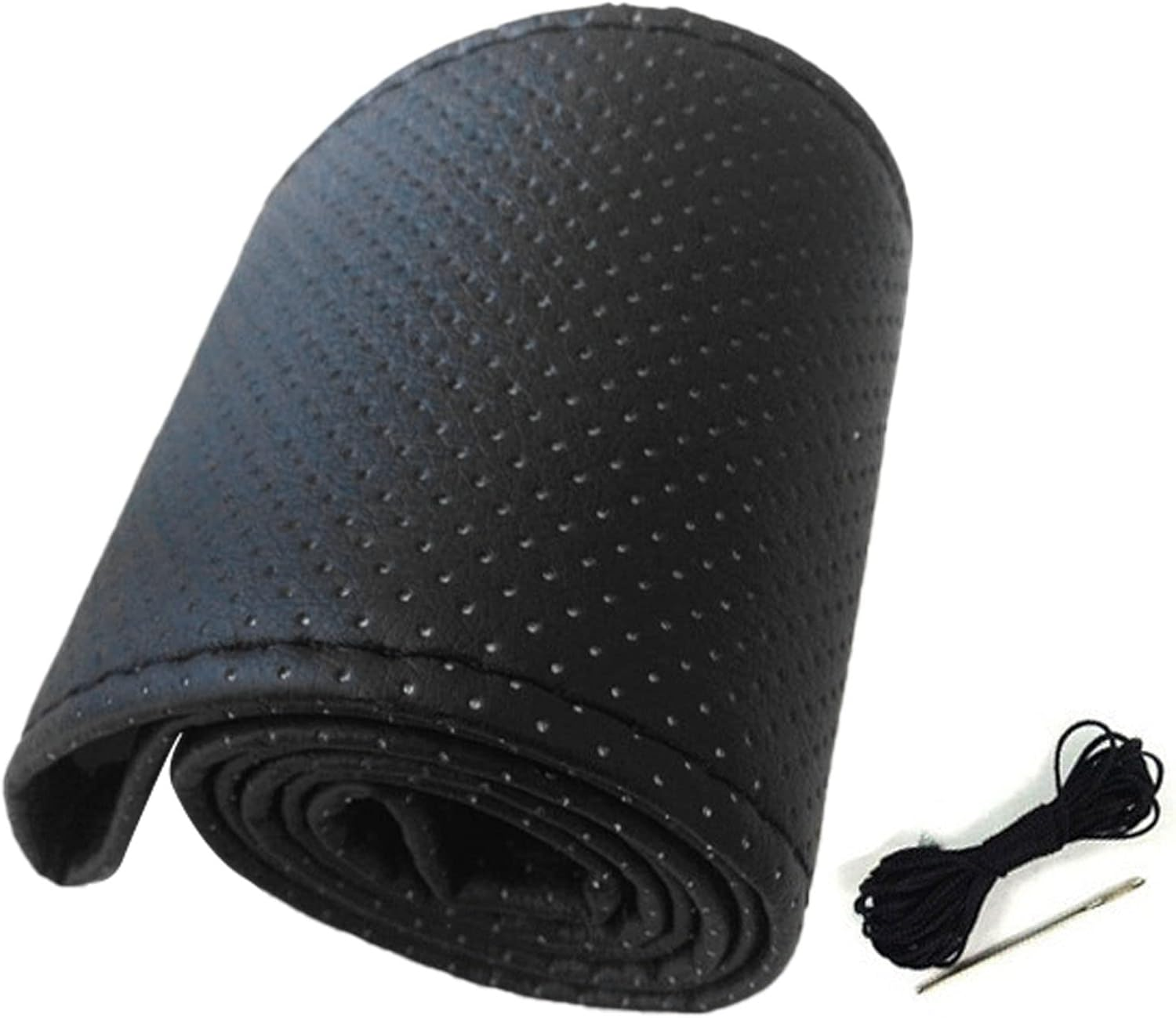 Microfiber Leather Steering Wheel Cover Hand Sew Easy Carry for Universal Car Truck SUV Pickup Boat, Wear Proof and Breathable (Black) - Black image number 4