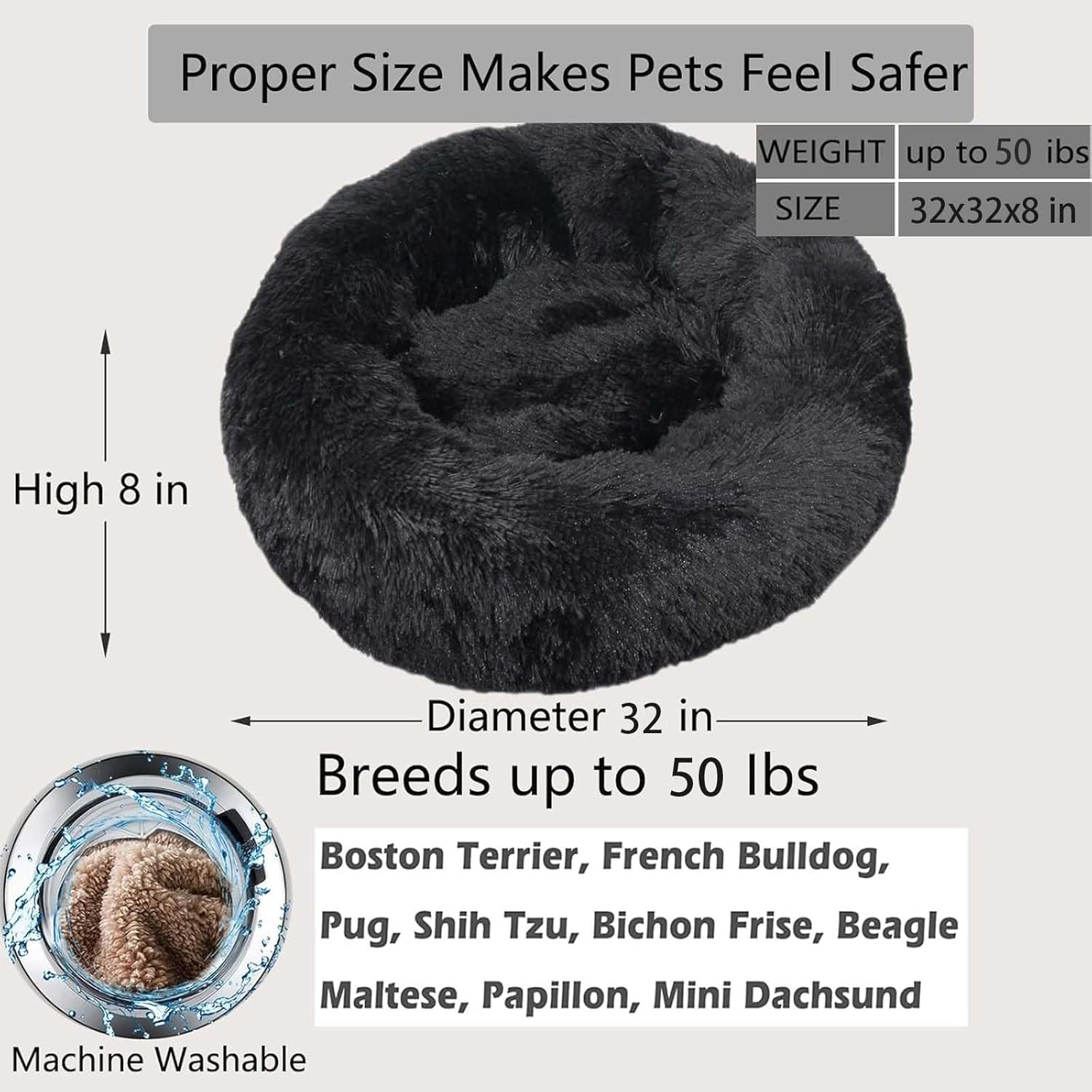 Calming Dog Bed for Small Medium Dogs,80Cm Anti-Anxiety Donut Dog Cat Cuddler Bed Machine Washable Fluffy Luxury Anti-Slip Waterproof Mute Base Warming Cozy Soft Pet round Bed-Black image number 5