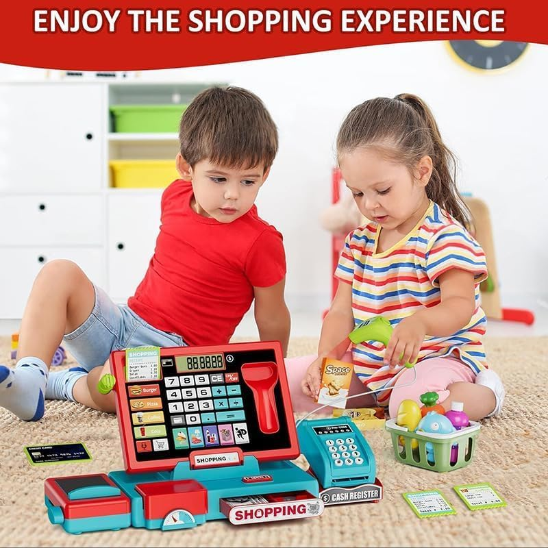 HUAJUN Children'S Electronic Cash Register Toy, Lighting and Sound Shopping Cashier Pretend Game Store, with Calculator/Scanner/Credit Card/Game Currency/Weighing Table, for Toddler Boy Girl