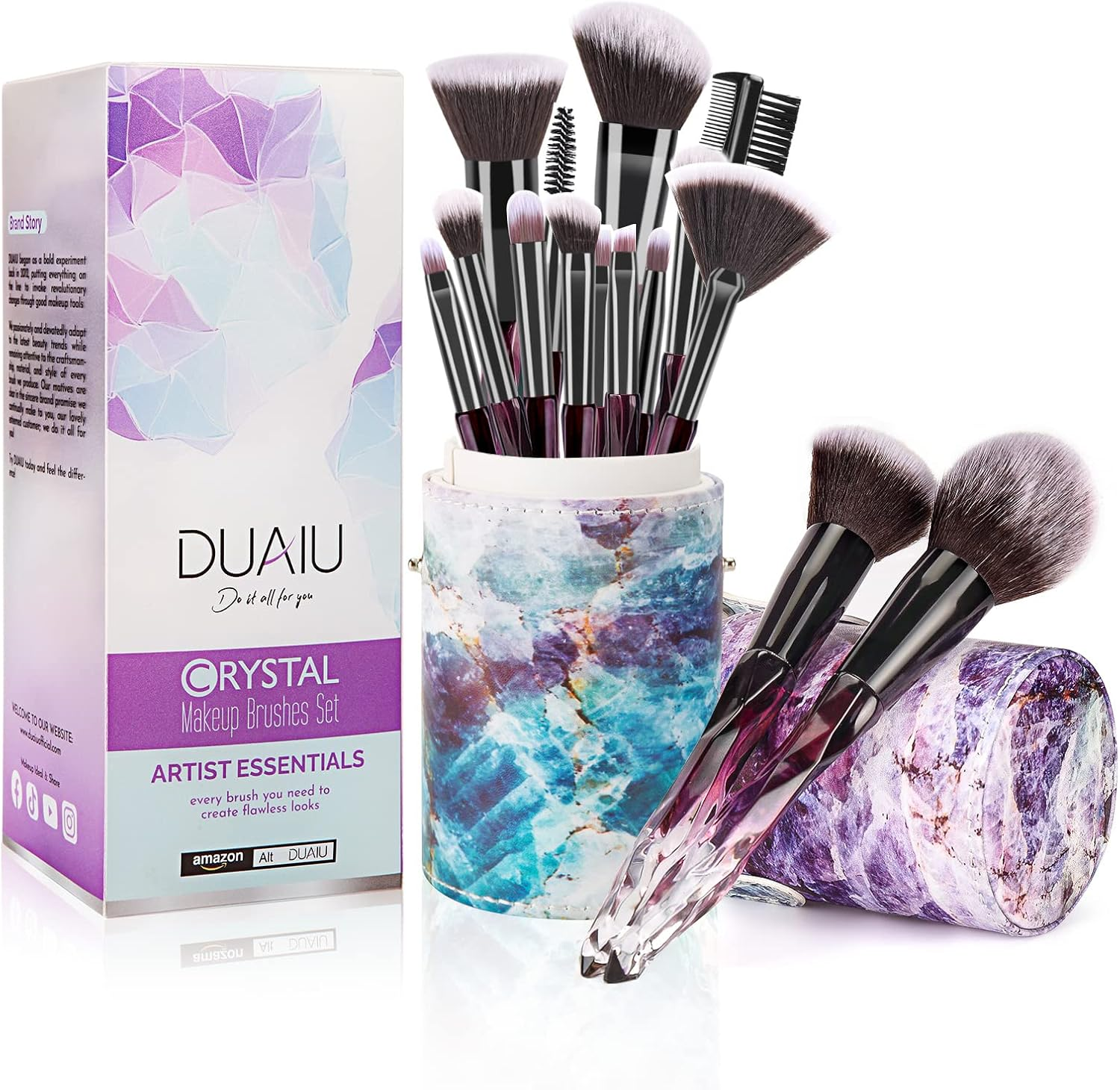 DUAIU Makeup Brushes 15Pcs Premium Synthetic Bristles Crystal Handle Set Kabuki Foundation Brush Face Lip Eye Makeup Brush Sets Professional with Starry Gift Box(Purple)