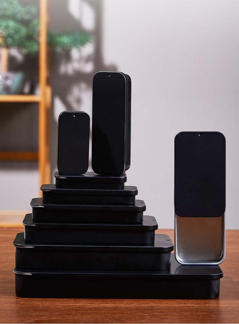 Metal Rectangular Empty Mini Tin Box, Mini Iron Box Tinplate Push Candy Pill Cases Bins Jar Food Small Storage Box Containers for Home Organizer, Decorative Accessories (Black, 1 Small 1 Large) image number 2