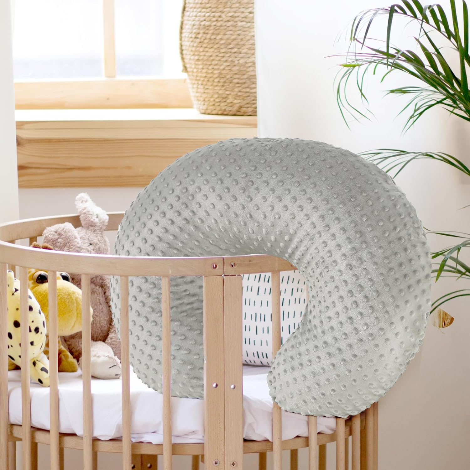 GFU Breastfeeding Pillow for Newborn with Dot Fabric Nursing Pillow Cover, Soft Comfortable Nursing Pillow for Breast Feeding and Bottle, Grey