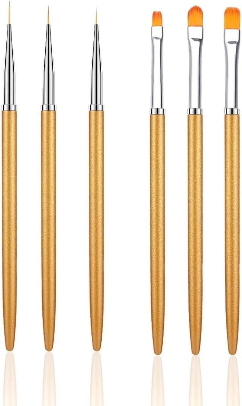 6PCS Nail Art Liner Brushes, Nail Art Brushes Set Acrylic UV Gel Glitter Drawing Painting Brushes Nylon Hair Carving Flower Pens Nails Tools (Golden Color, 7/9/11Mm, 6/8/10Mm) image number 4