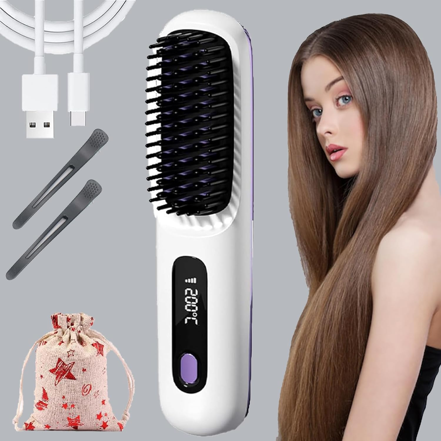 Go Brush Pro,Portable Straightener Brush - Cordless Go Pro Hair (White)