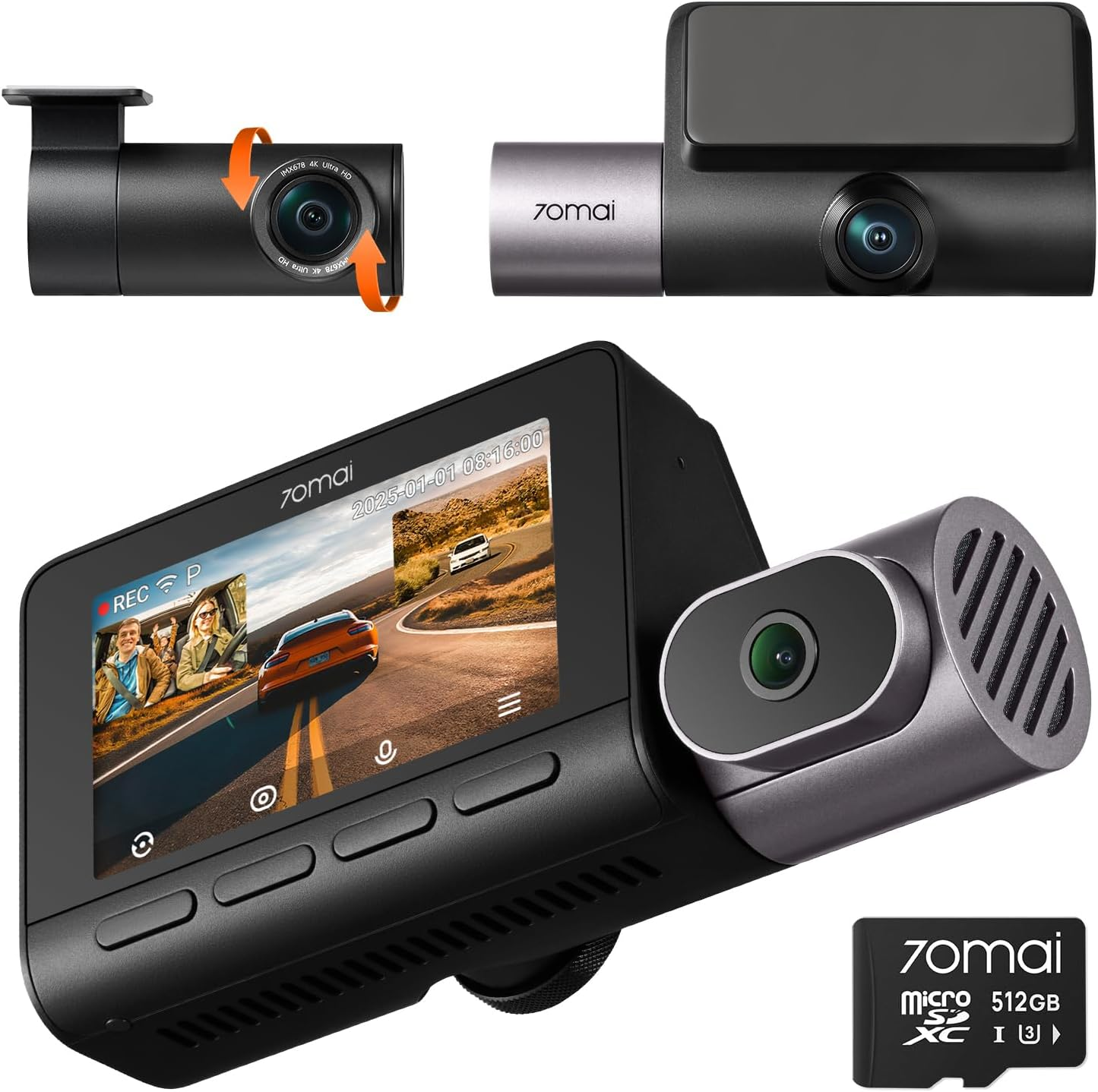 70Mai Dash Cam 4K T800 3-Channel 2160P+2160P+1080P Front and Rear Inside,3 HDR Dual STARVIS 2 Car Camera with Night Vision, Support 4G LTE, Motion Detection, Parking Mode, GPS, 512GB SD Card