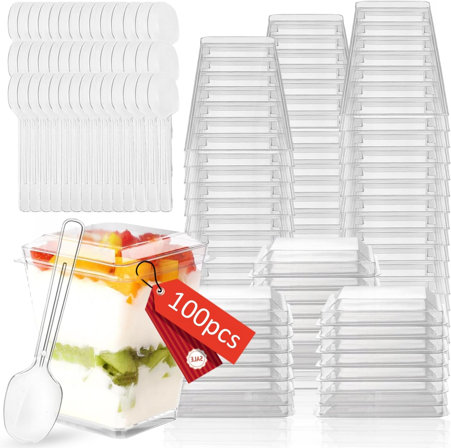 100 X 150Ml Dessert Cups with Lids & Spoons, Mini Clear Plastic Cups, Small Reusable Serving Bowl for Mousse, Pudding, Ice Cream, Desserts, Drinks, Etc. (5Oz-Lids-Spoons)