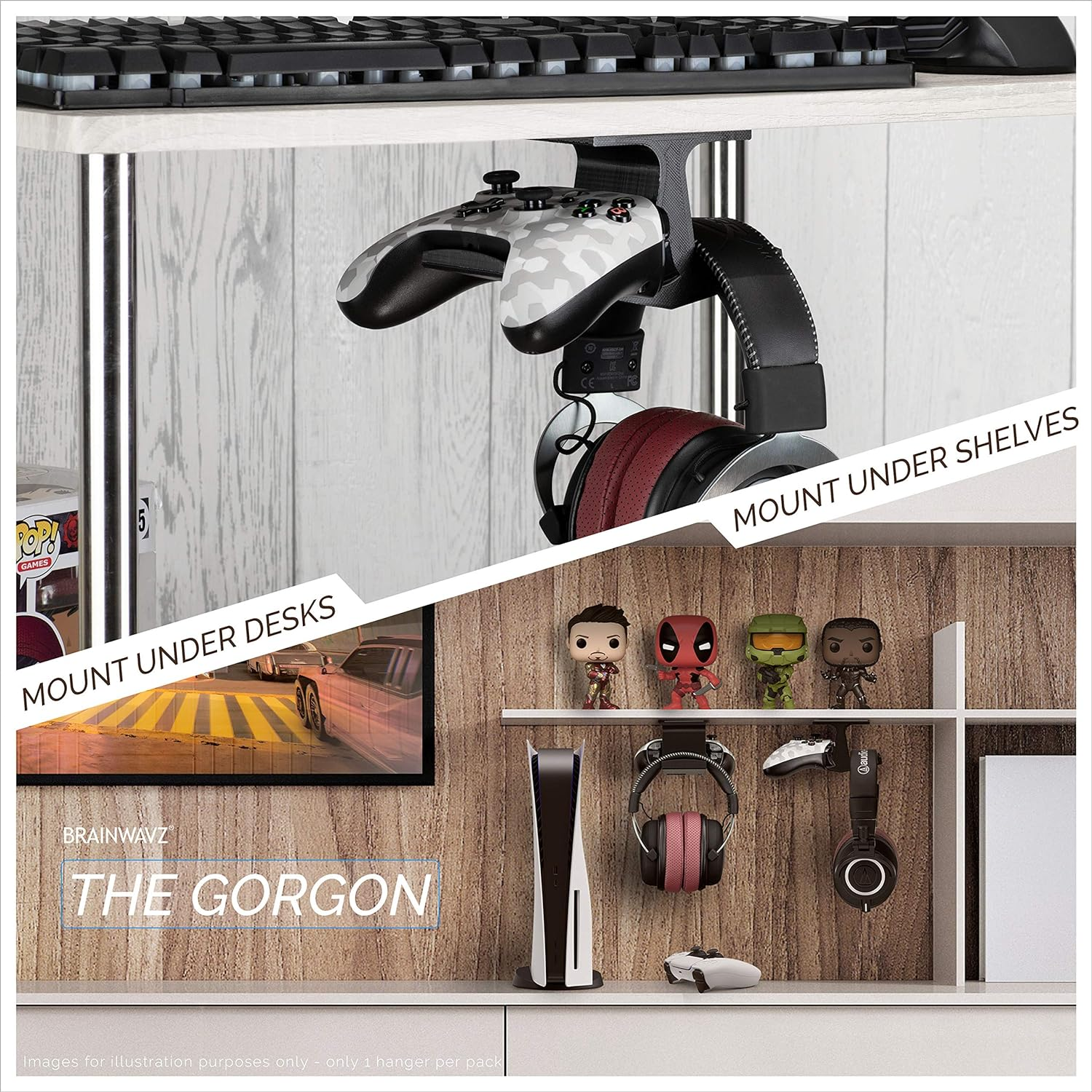 The Gorgon - under Desk Game Controller & Headphone Holder for XBOX, PS4, PS5, Series One, Steelseries, PC & Most Gamepads & Headsets, Screwless Hanger Stand, Black by Brainwavz image number 6
