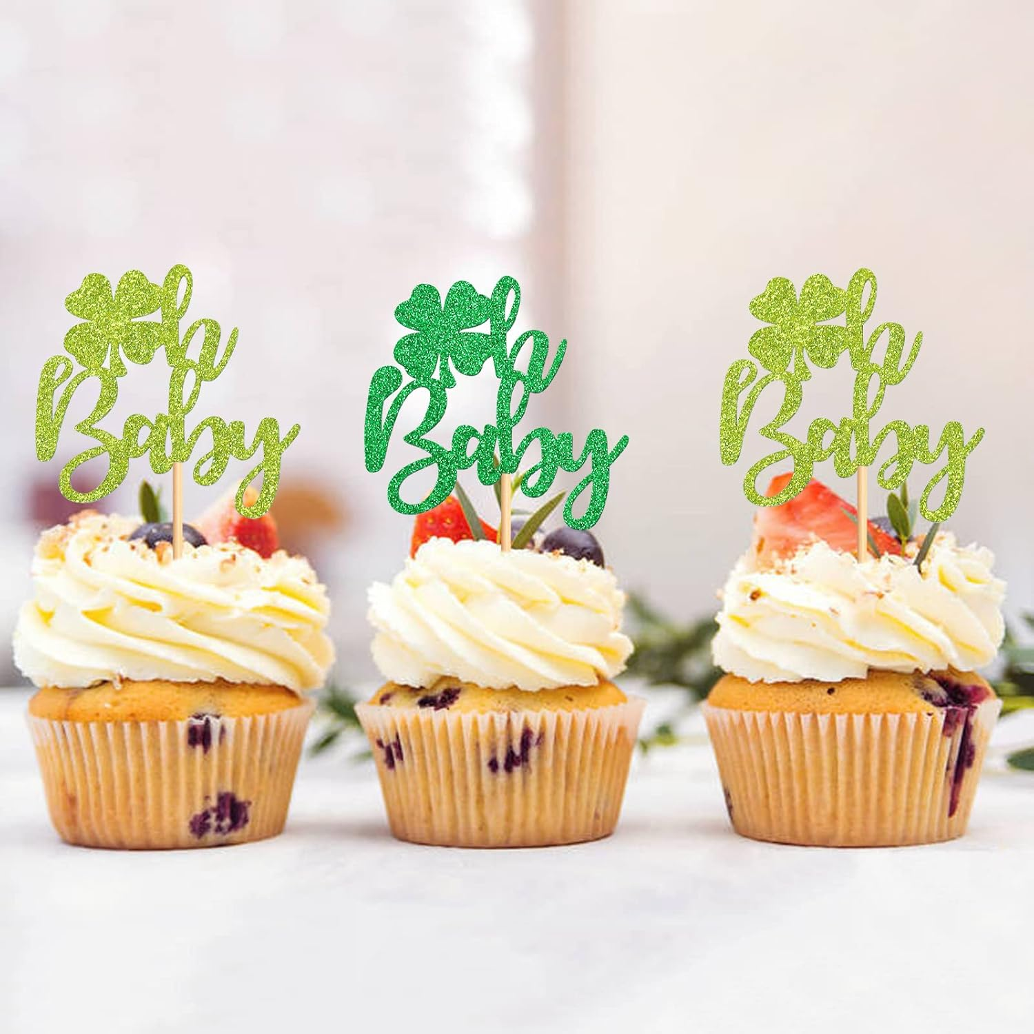 24 Pack Oh Baby St. Patrick'S Day Cupcake Toppers Lucky Four Leaf Shamrock Hat Cupcake Picks for Irish Festival Baby Shower Birthday Party Supplies Decoration